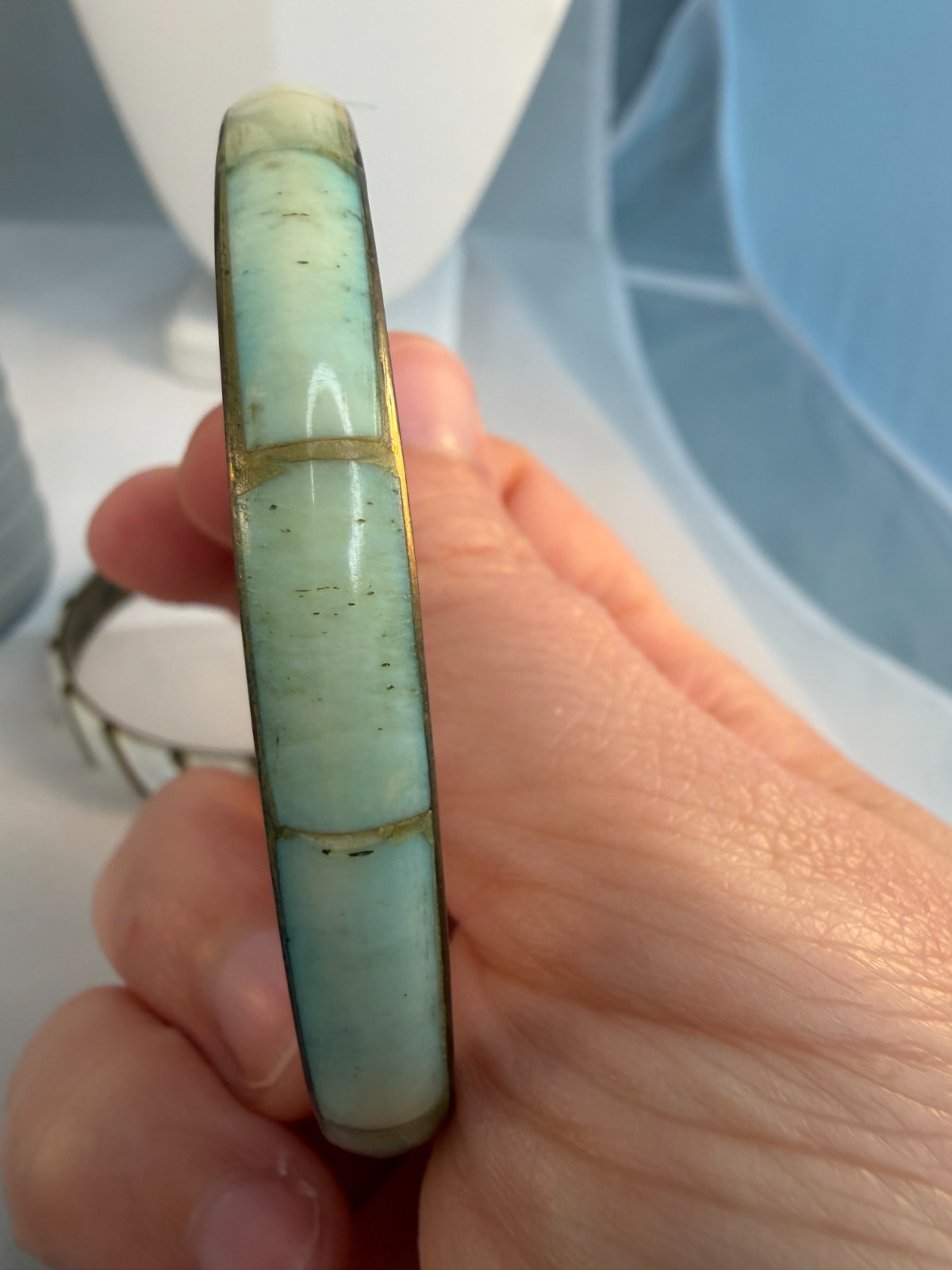 Vintage 1970s Brass Bangle Stack Mother of Pearl Dyed Bovine Inlay Boho Green