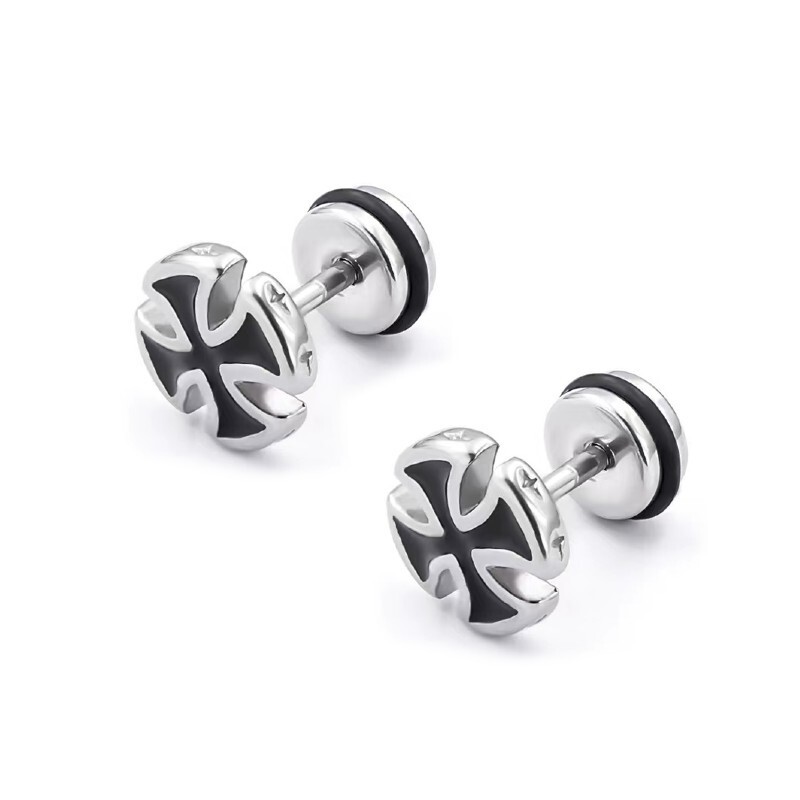 Mens Black Iron Cross Stud Earrings Punk Goth Rock Biker Jewelry Stainless Steel