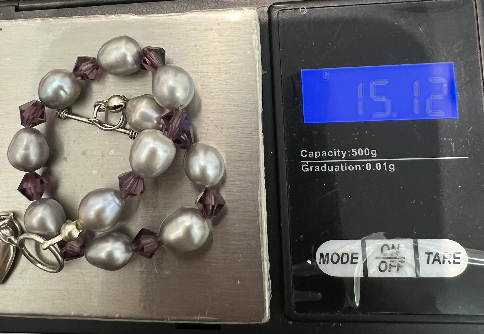 925 Silver Cultured Pearl Amethyst Crystal T Bar Bracelet, 18.5cm, 15.12g,E105