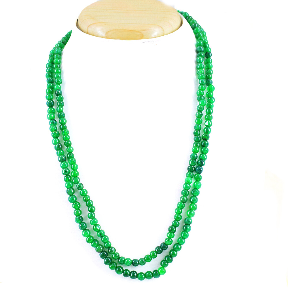190.00 Cts Earth Mined 2 Strand Green Emerald Round Shape Beads Necklace NK01E49