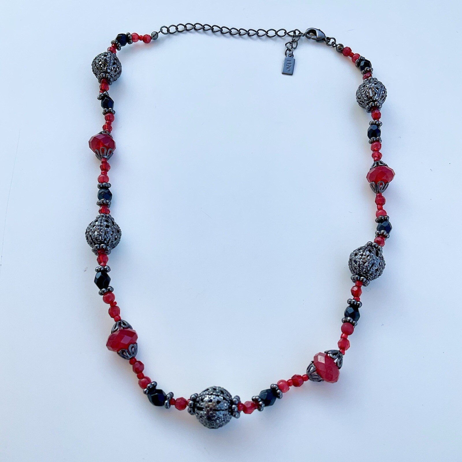 1928 Jewelry Red & Black Ornamental Beaded Necklace, 19” Adjustable