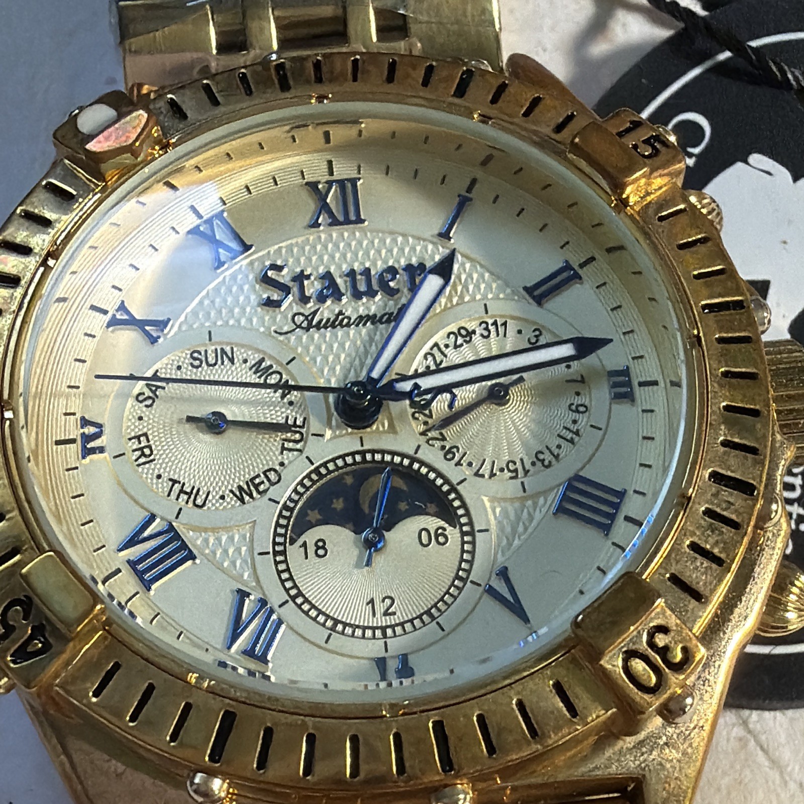 Stauer Magnificat II Automatic Moon Phase Day/Date Gold Tone Steel 42mm
