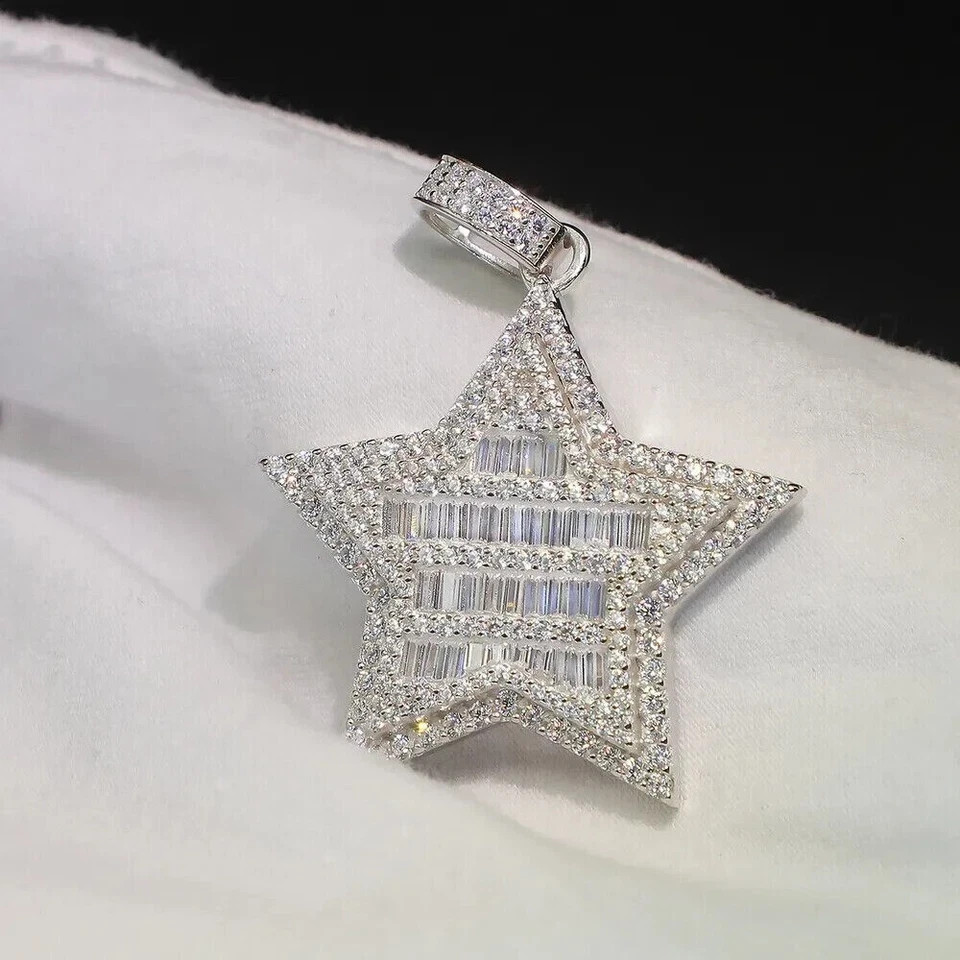 925 Sterling Silver Baguette Cut Moissanite Star Pendant 14k White Gold Plated