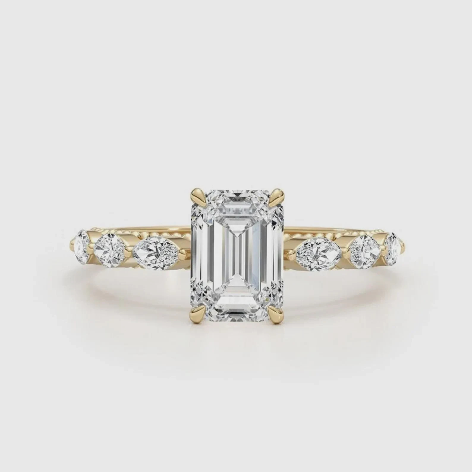 3.1CT Emerald Cut Moissanite Wedding Ring, Marquise Cut Accents Anniversary Gift