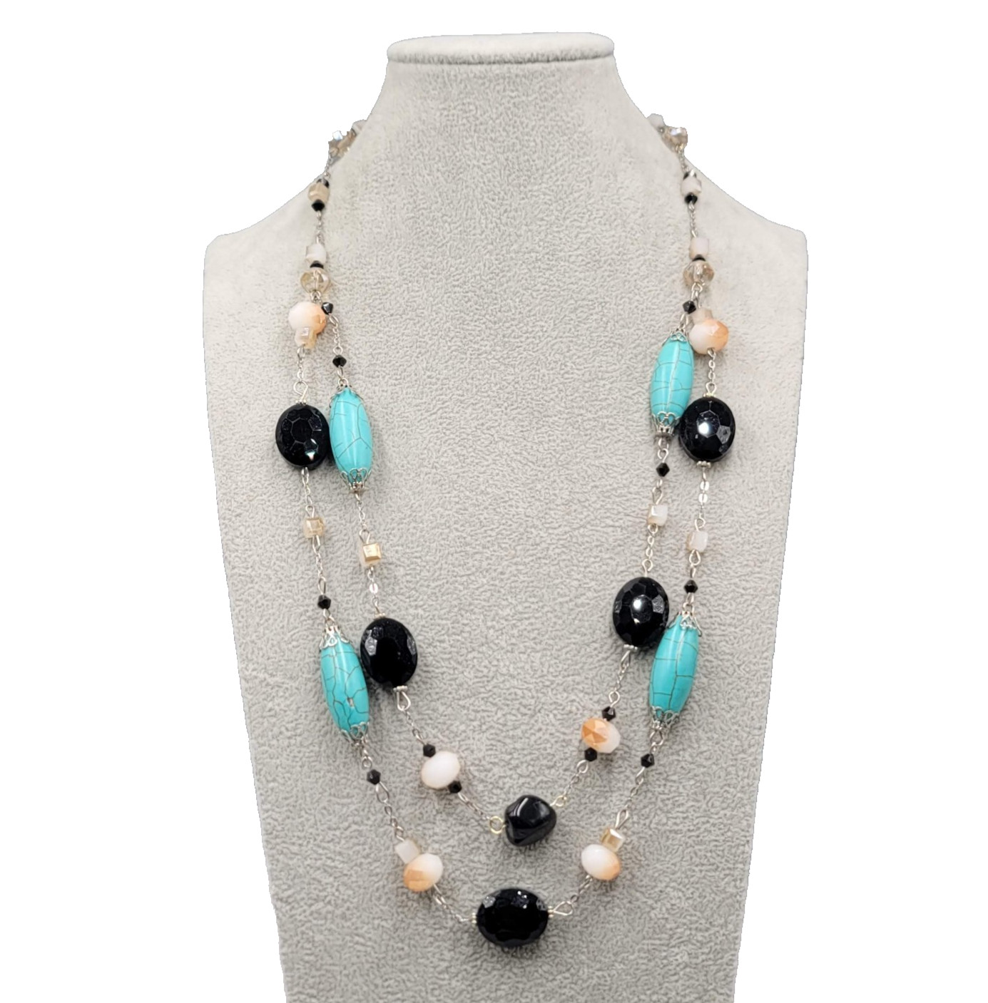 Stone and Glass Bead Necklace Silver tone Black Blue Double Chain 24 in