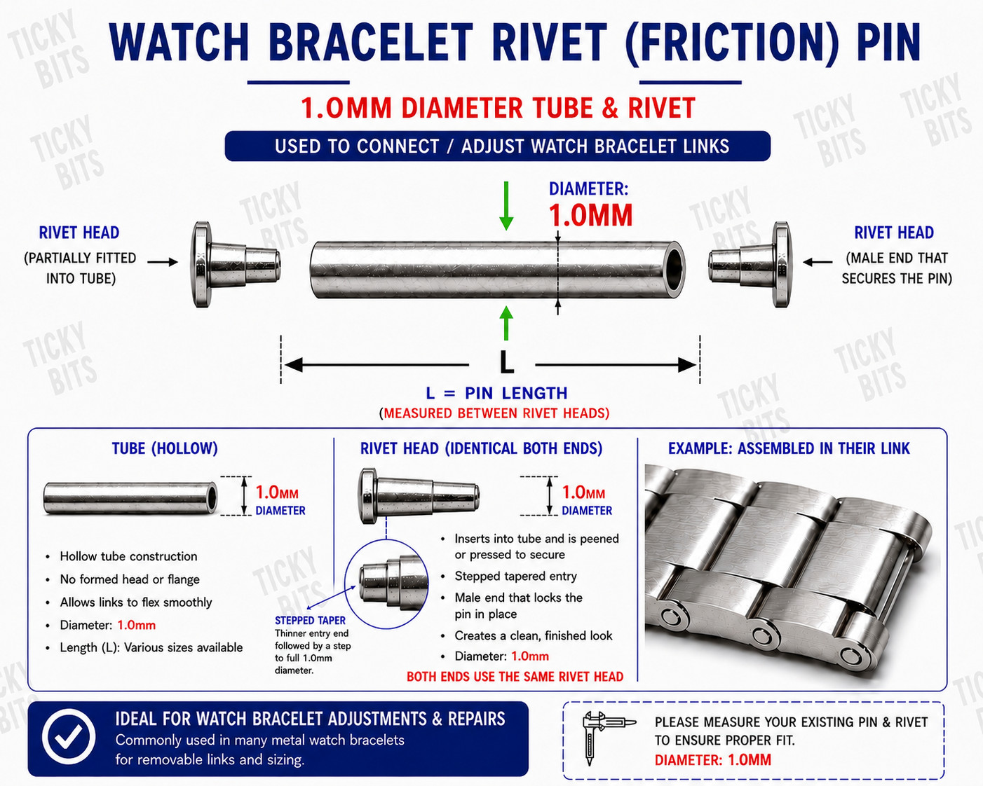 2x Watch Friction Fit Pins 1.0mm Tubes Rivets Bracelet Clasp 10-24mm