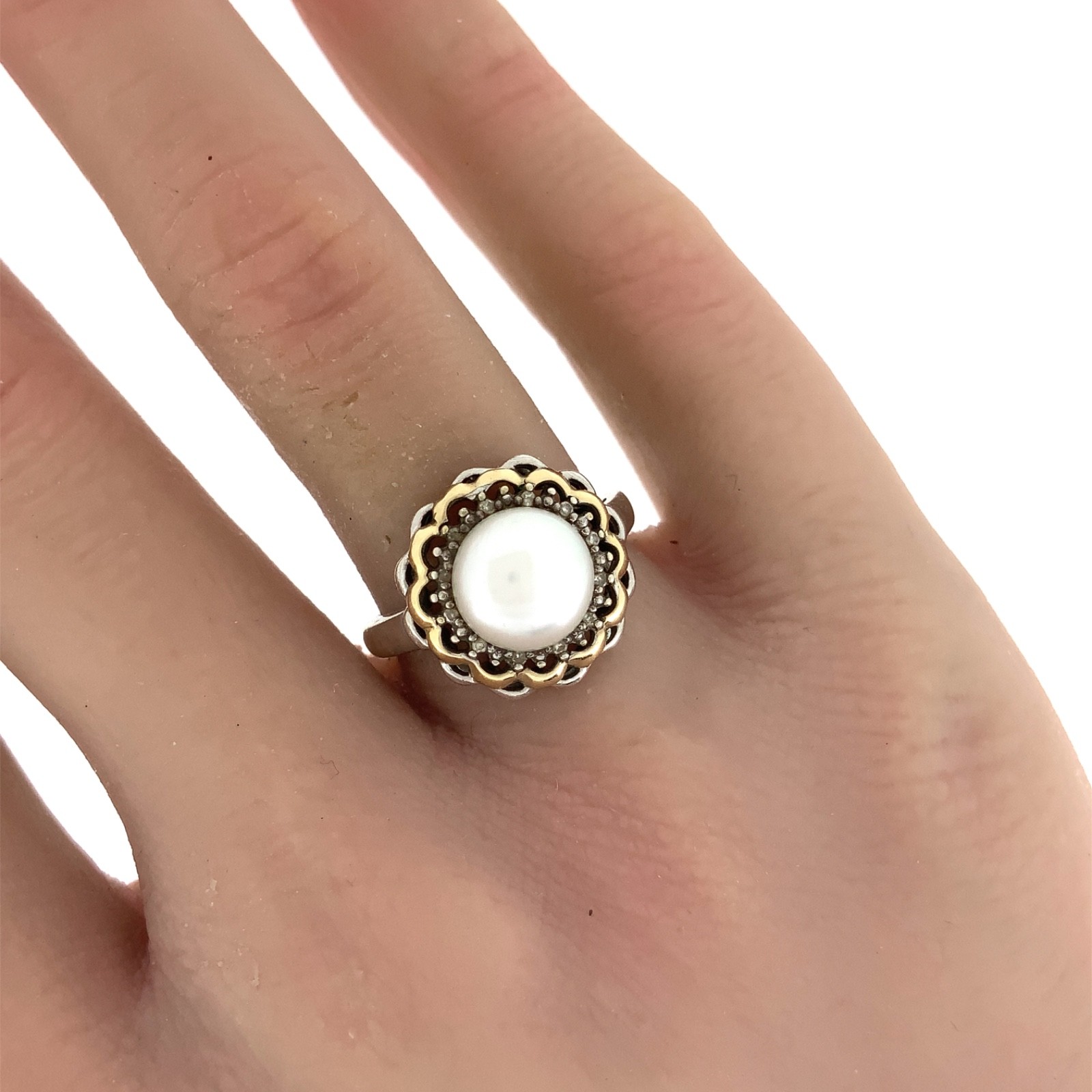 Adrienne Vittadini Mabé Pearl, Diamond, 14K YG, Sterling Silver Ring Sz. 4.75