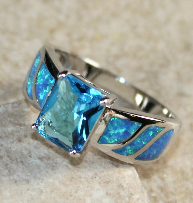 SILVER Elegant Blue Fire Opal & Sky Blue Topaz Rectangular Ring WR41302