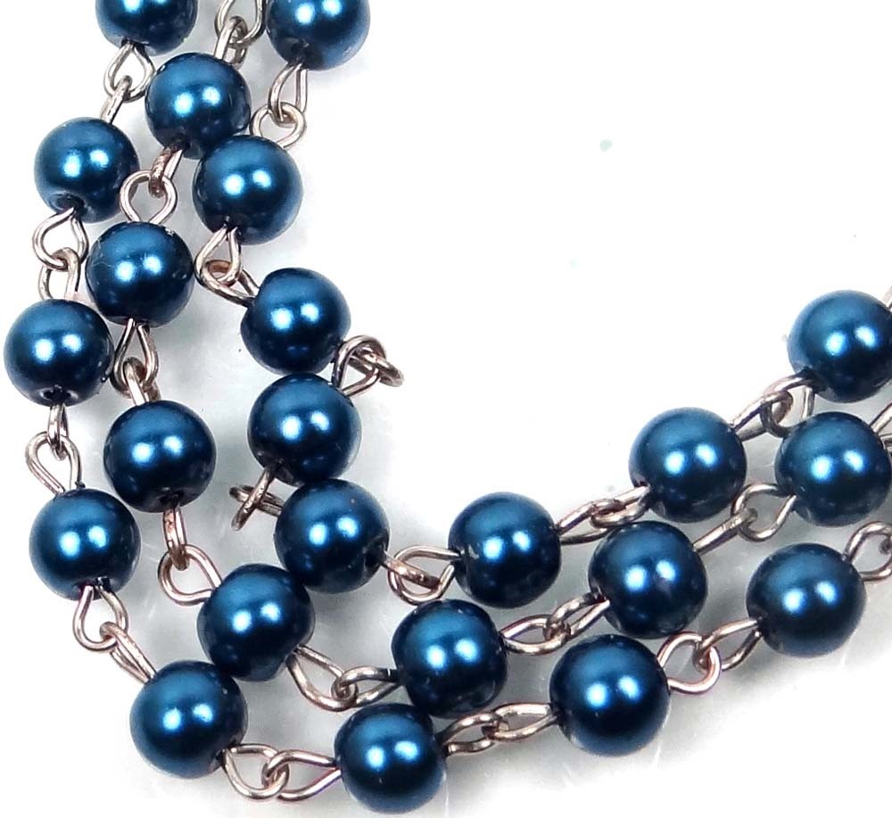 40″ (3.3 feet) Platinum 6mm Cobalt Blue Glass Pearl Bead Link Chain