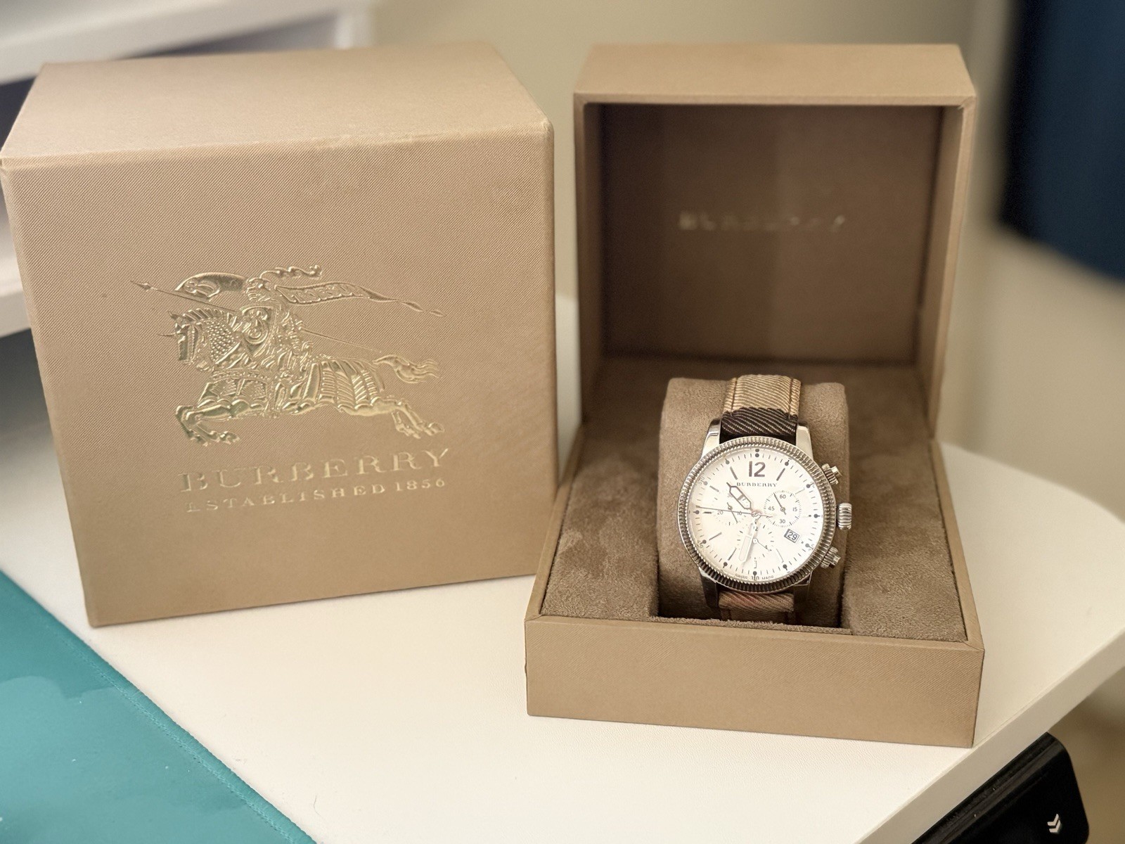 Burberry Quartz Chronograph Date Watch White Dial Brown Fabric Strap w/ Box