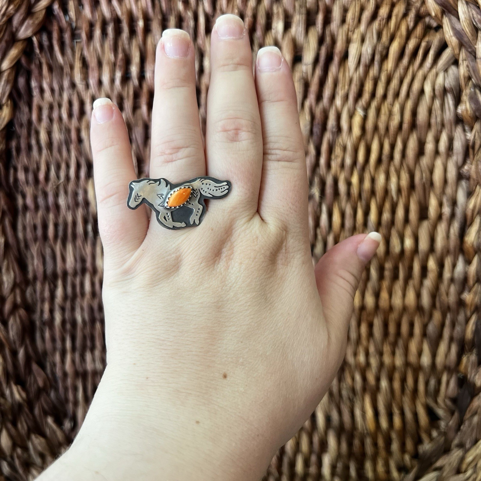 Sterling Silver Spiny Oyster Horse Ring Size 8 Adjustable | Southwestern
