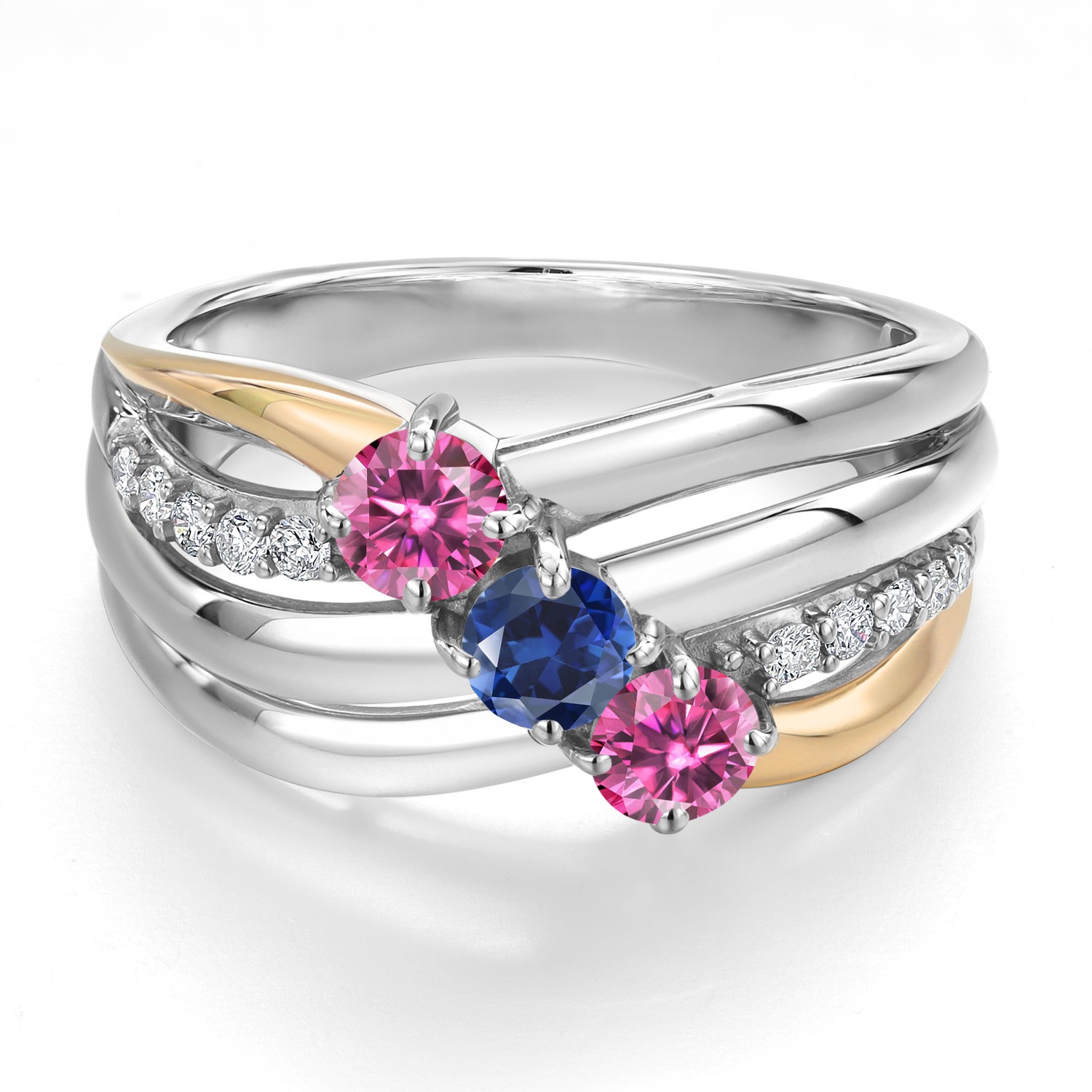 925 Silver and 10K Yellow Gold Pink Moissanite and Created Sapphire and Lab