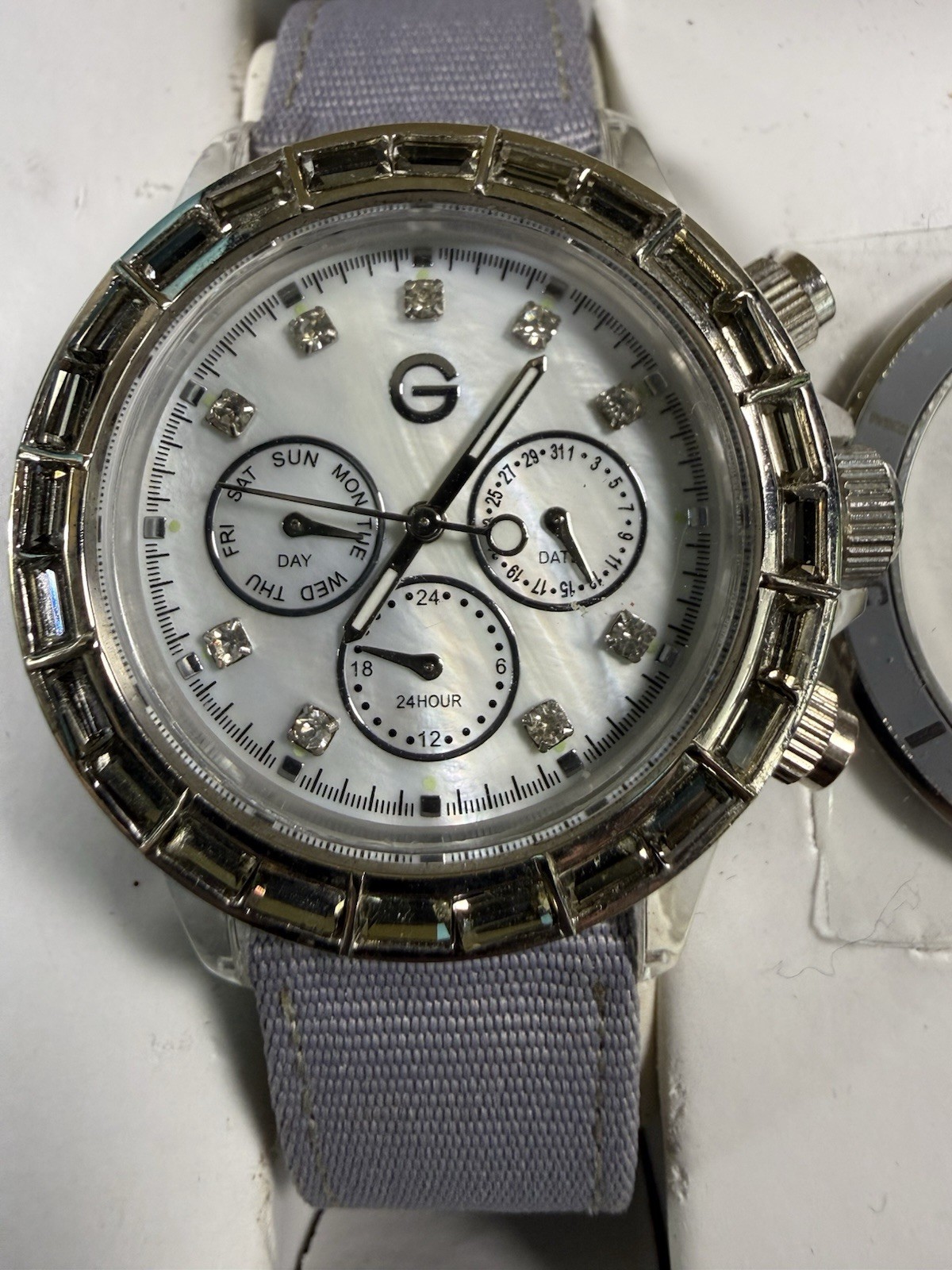 Gossip Gray Dial Bezel Crystal Accent Round Clear Case Gray Canvas Band Watch