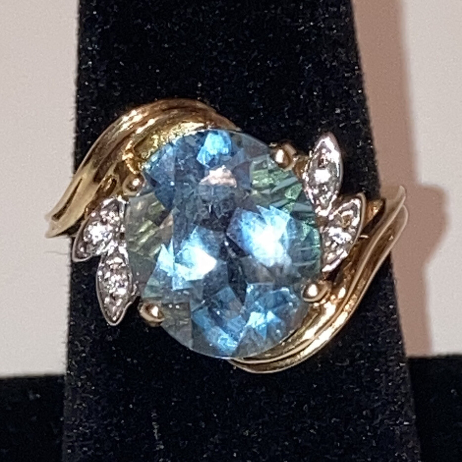 Estate signed FL 14k Gold Natural Blue Topaz & Diamond Cocktail Ring size 6.75
