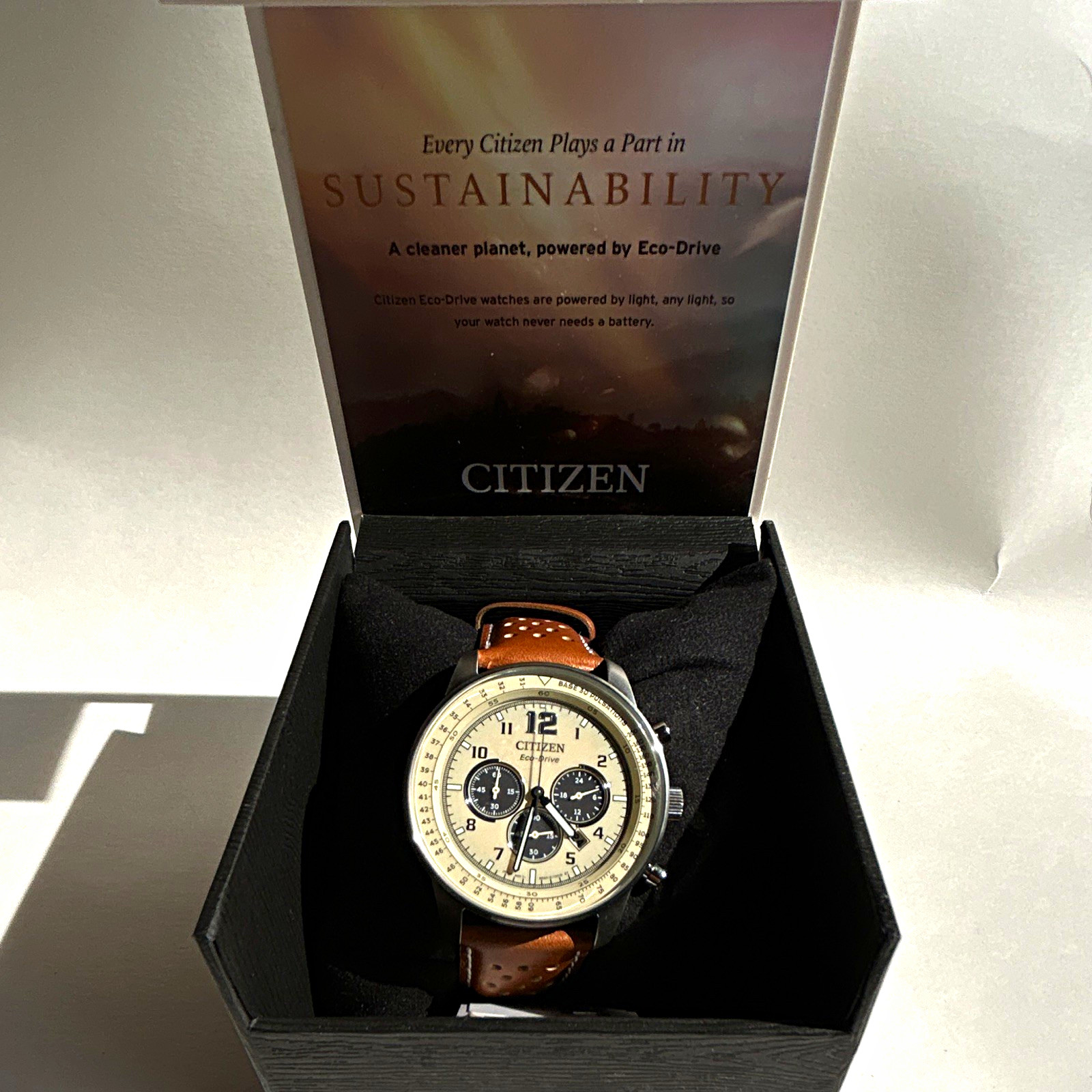 Citizen Eco-Drive Men’s Chronograph Date Cream/Black Dial Watch 43mm Leather