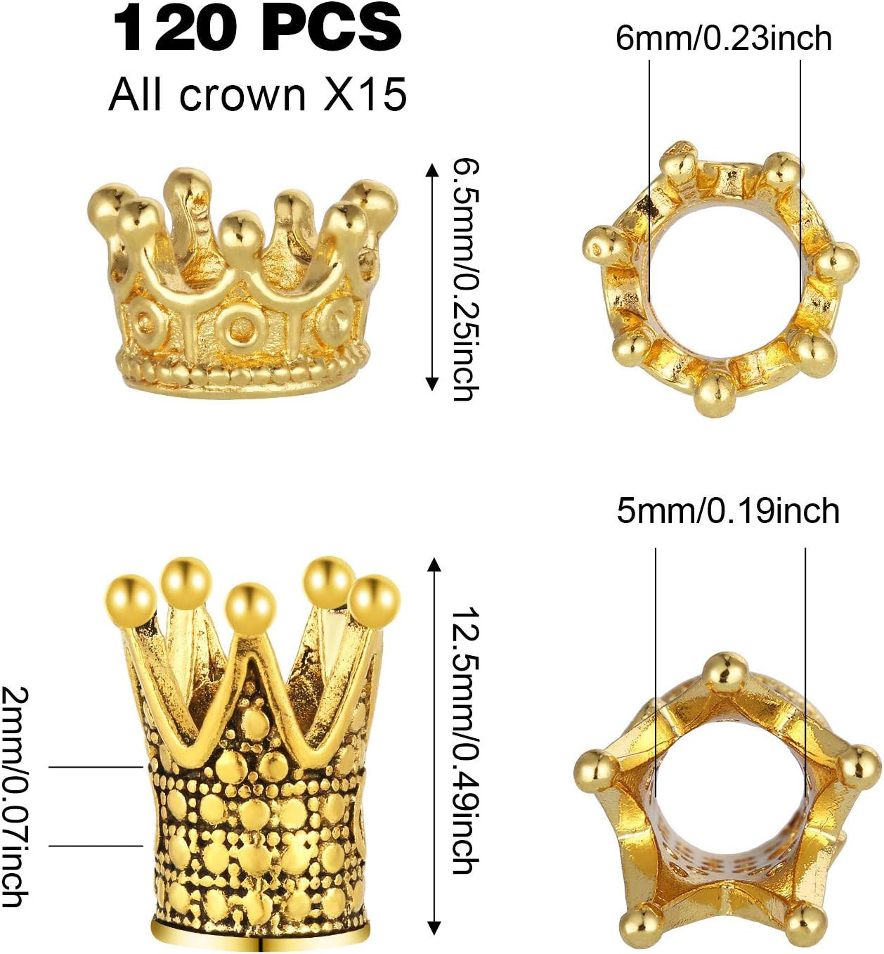 120 Pieces King Crown Charm for Jewelry Bracelet Making Colored Gold Silver Crow