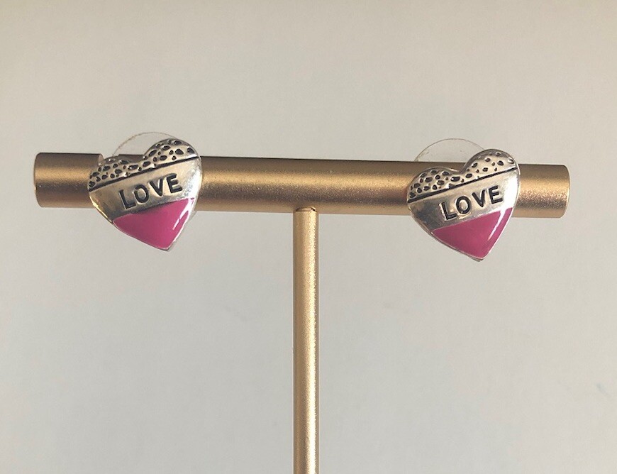 Love Heart Earrings for Pierced Ears Silver & Pink Push Secure Back .5 inch