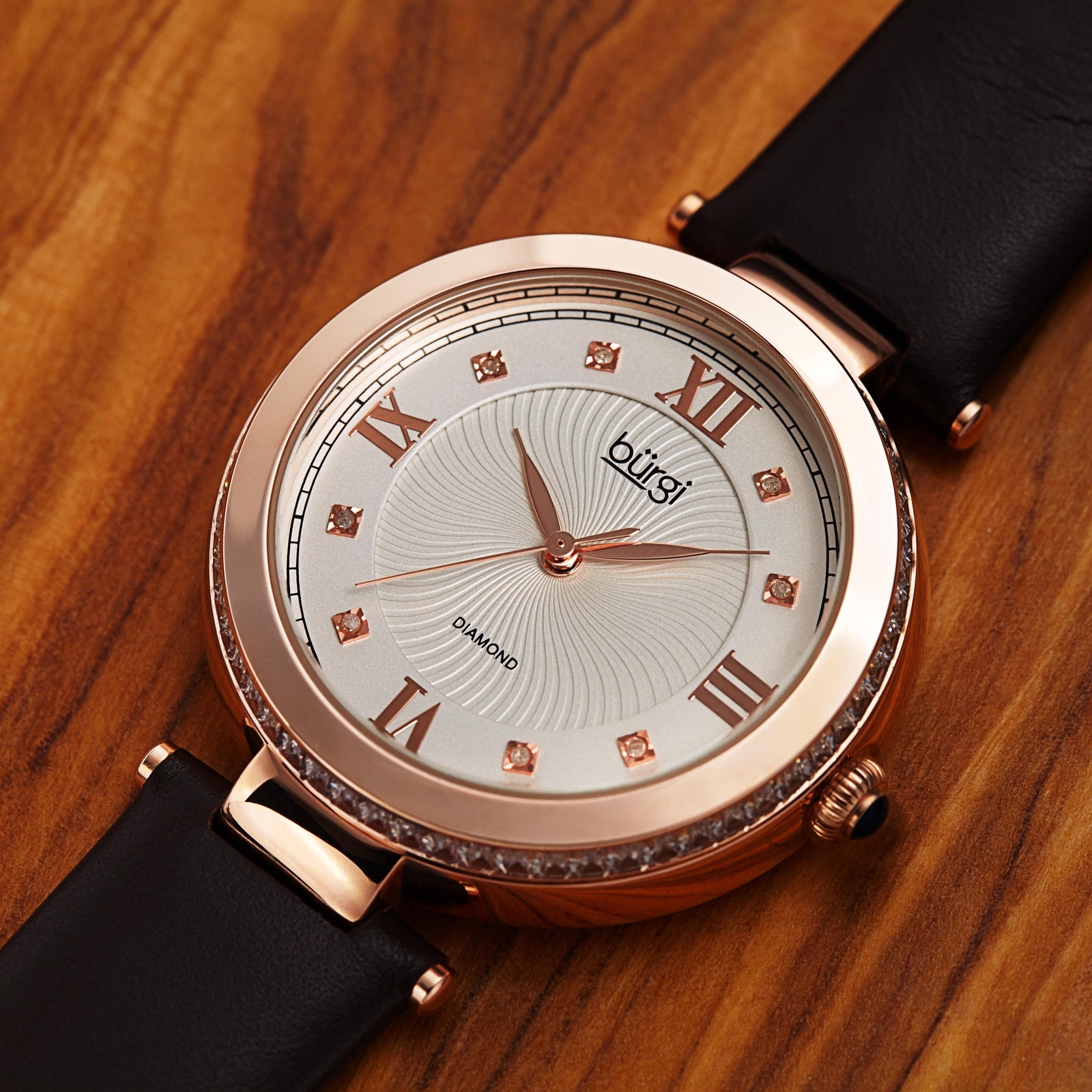 Women Burgi BUR202BR Diamond Marker Rose Gold Tone Brown Leather Strap Watch