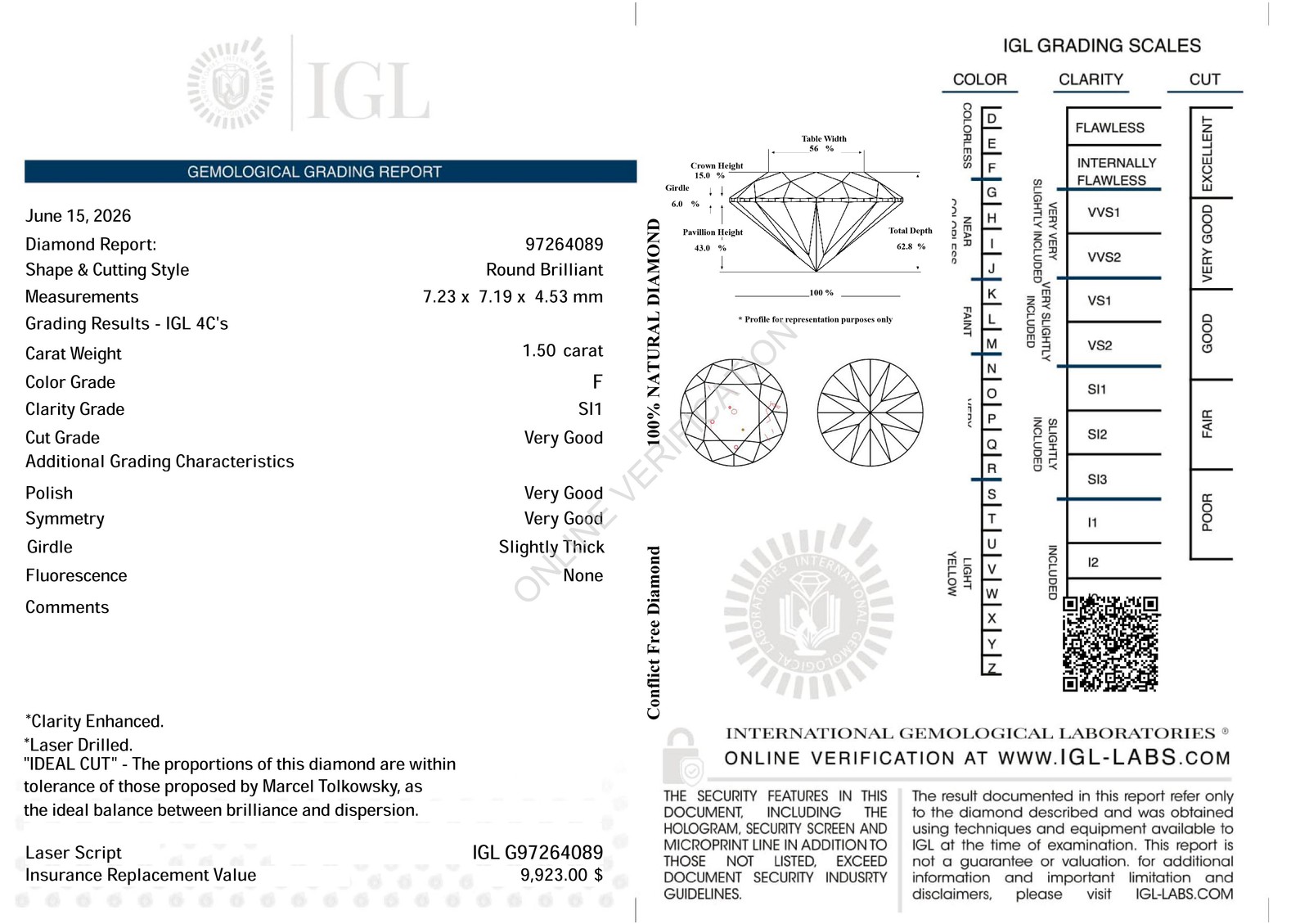 Certified 1.50 Carat F SI1 Round Brilliant Natural Enhanced MINED Diamond 7.23mm