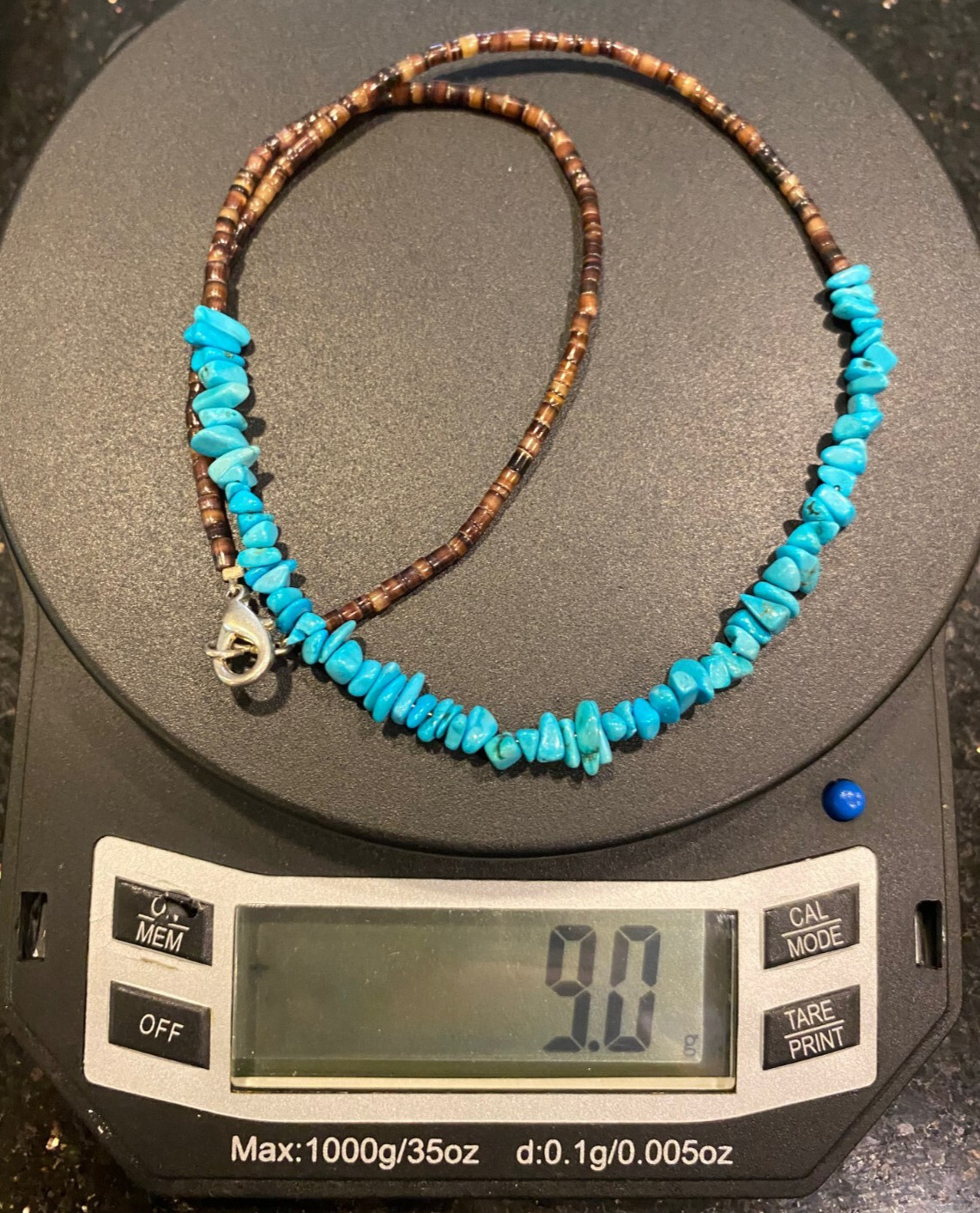 Turquoise Chip and Heishi Necklace Silver Plated Clasp 18 In. Long – 9.0 grams
