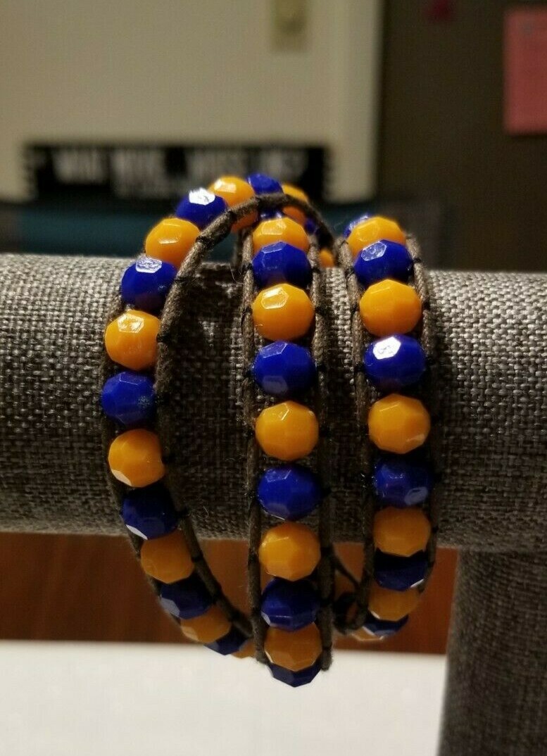 Blue/Orange Gator/Bronco/Auburn Themed Rondelle 3 Wrap Bracelet on Brown Leather