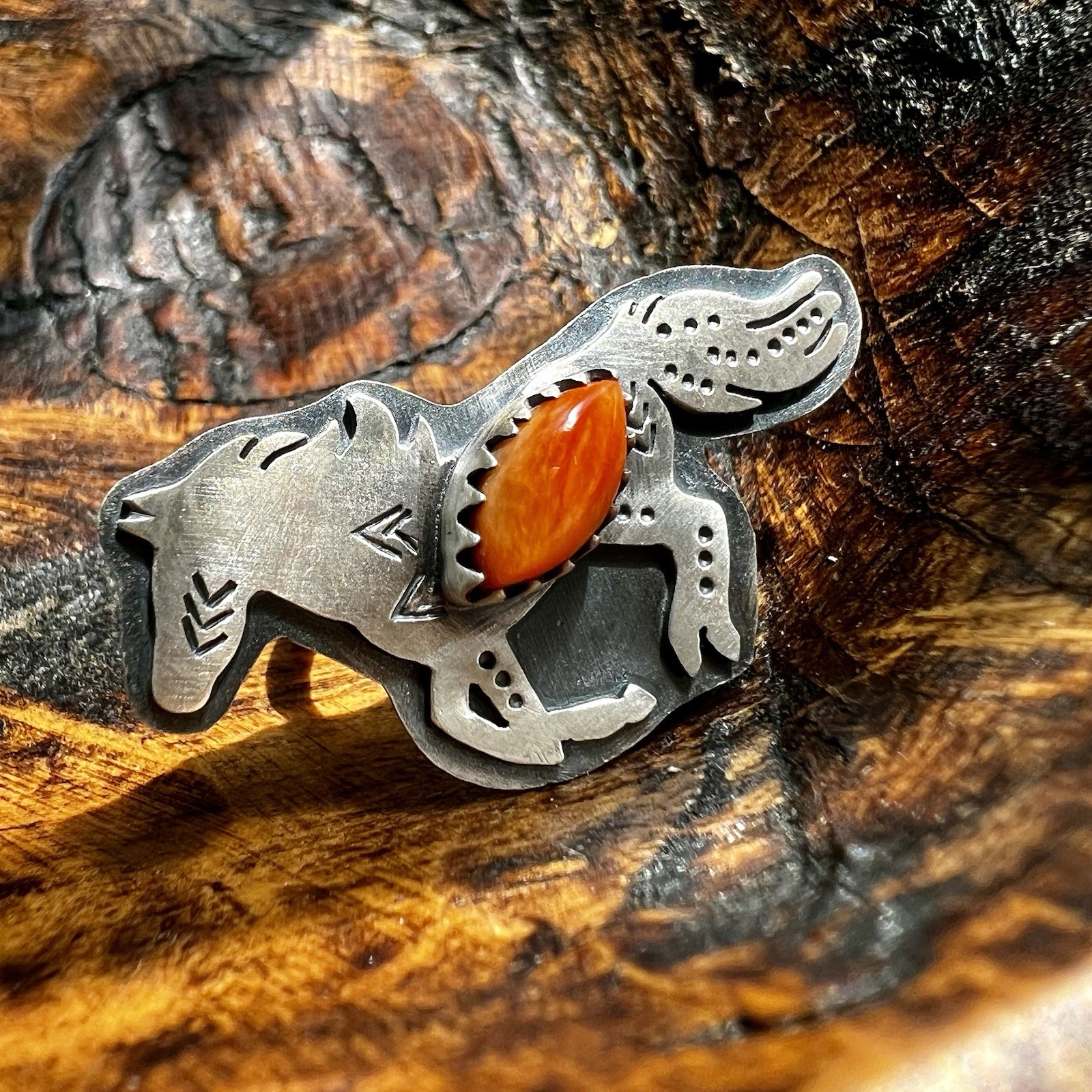 Sterling Silver Spiny Oyster Horse Ring Size 8 Adjustable | Southwestern