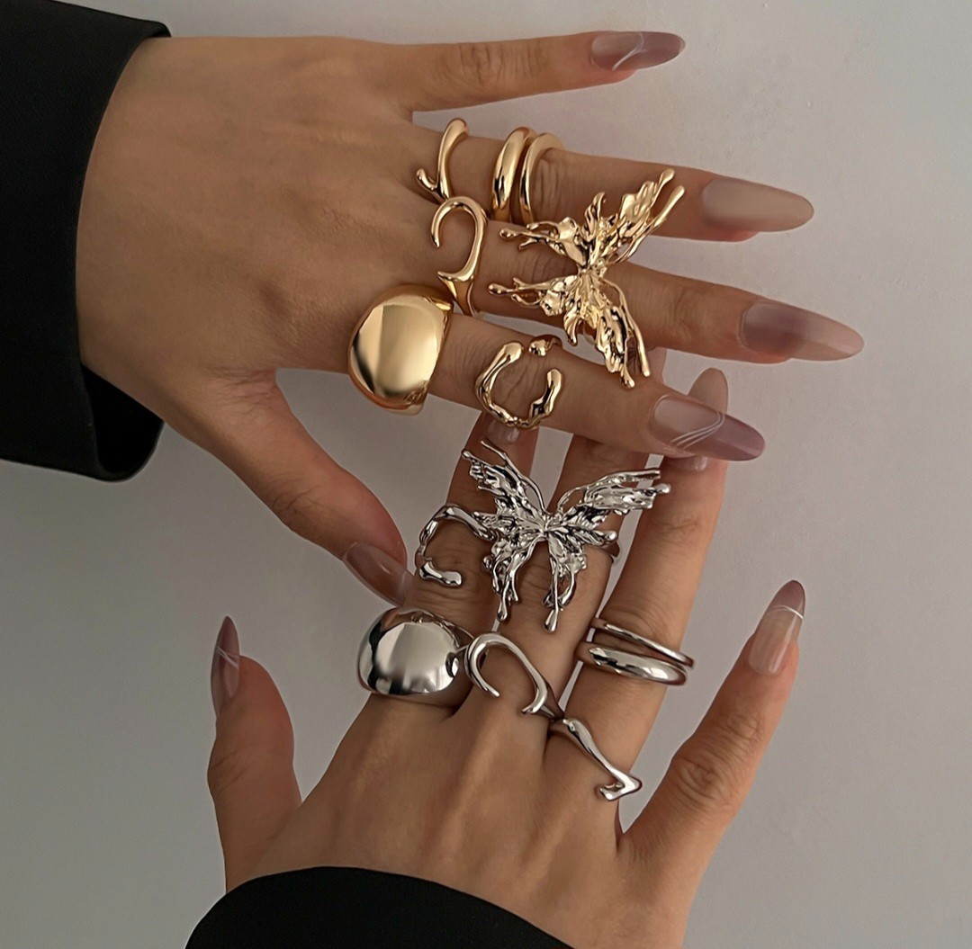 7Pcs Chunky Butterfly Ring Set Adjustable Statement Stackable Rings