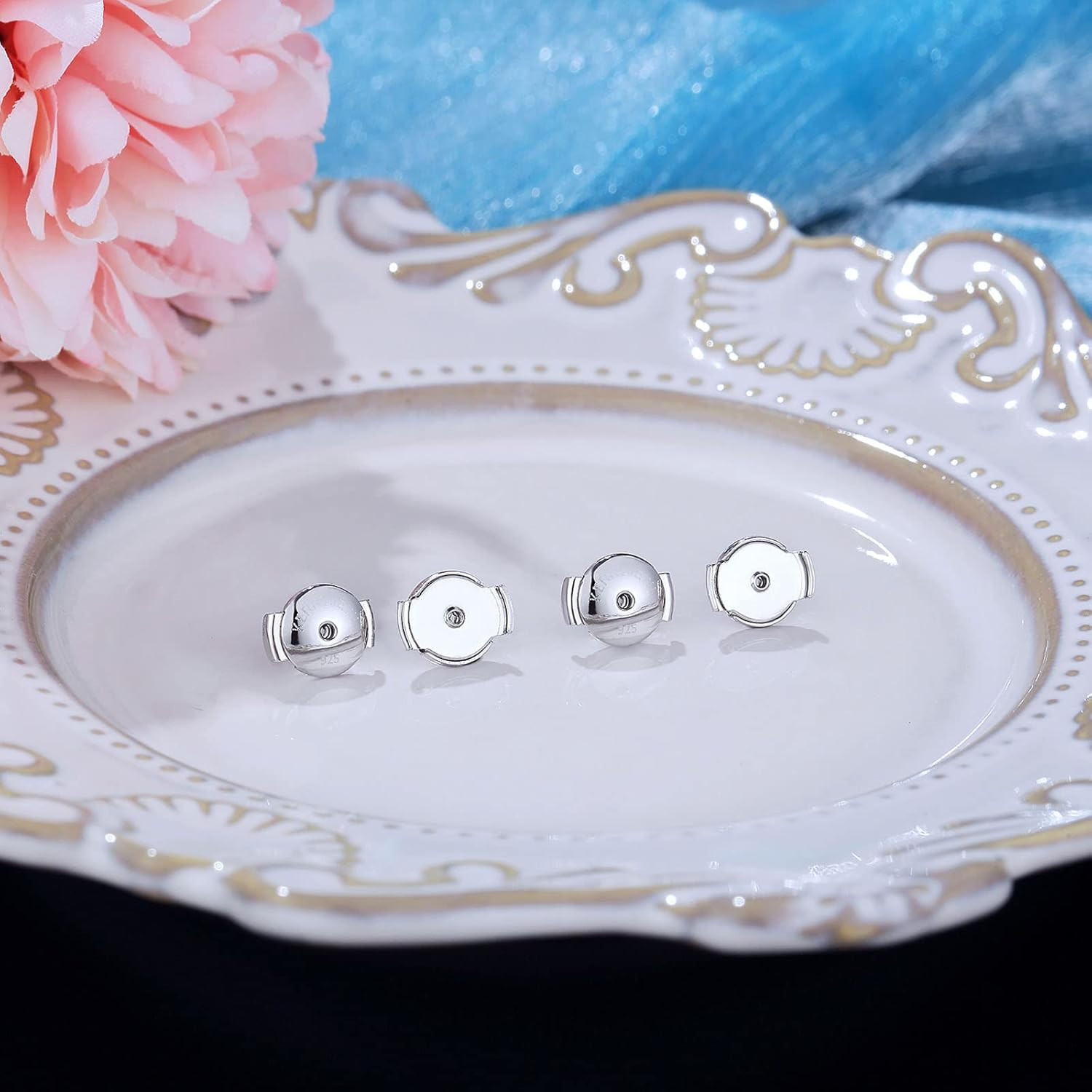 14K White Gold Locking Earring Backs Replacements for Diamond Studs, 2 Pairs