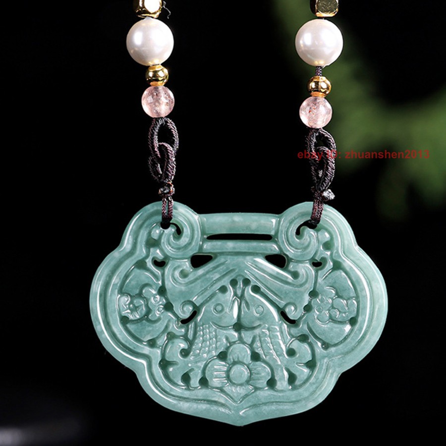 Retro Natural Grade A Jade Jadeite Women Lucky Amulet Ruyi Lock Pendant Necklace