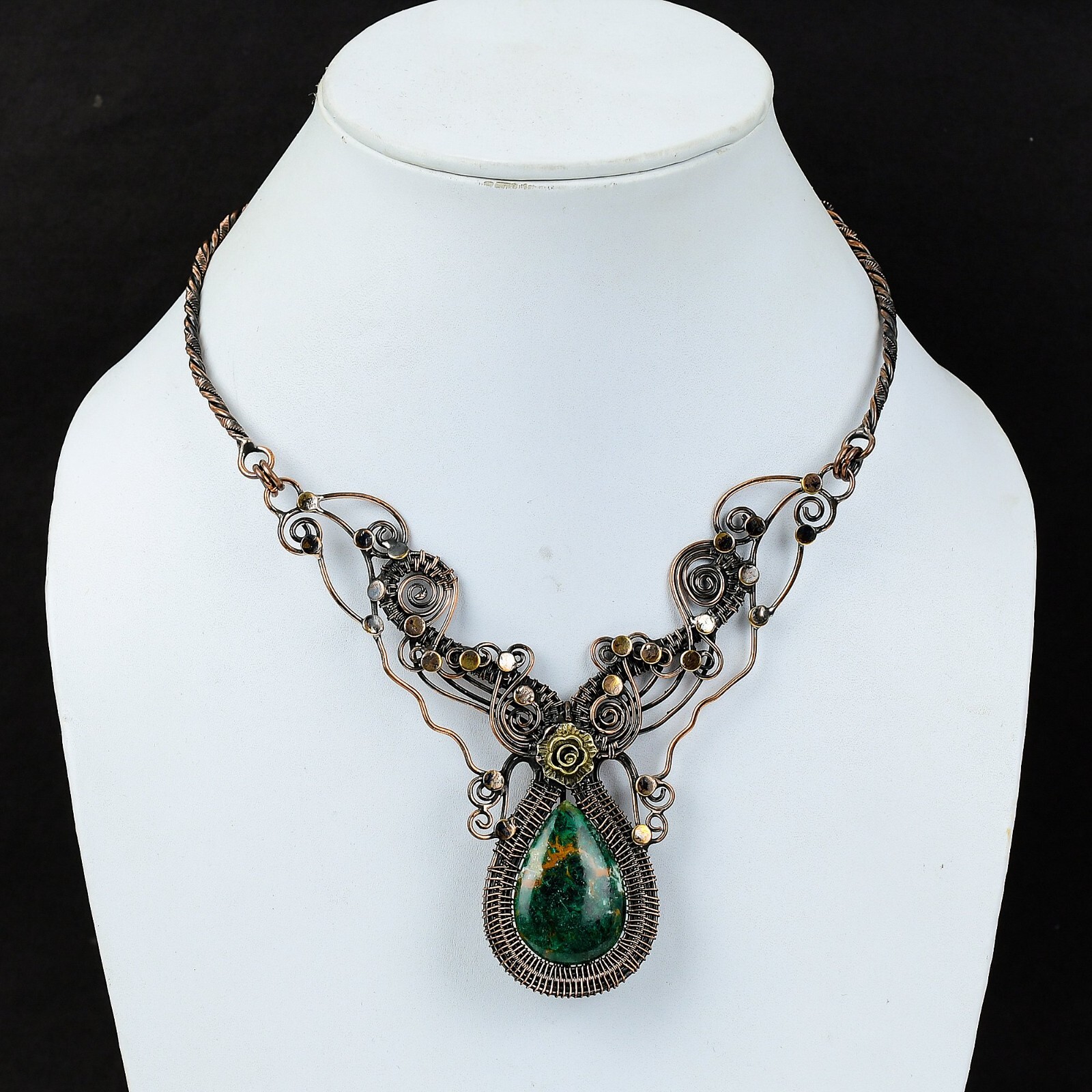 Cuprite Chrysocolla Wire Wrapped Flower Chain Adjustable Necklace Copper 18.0″