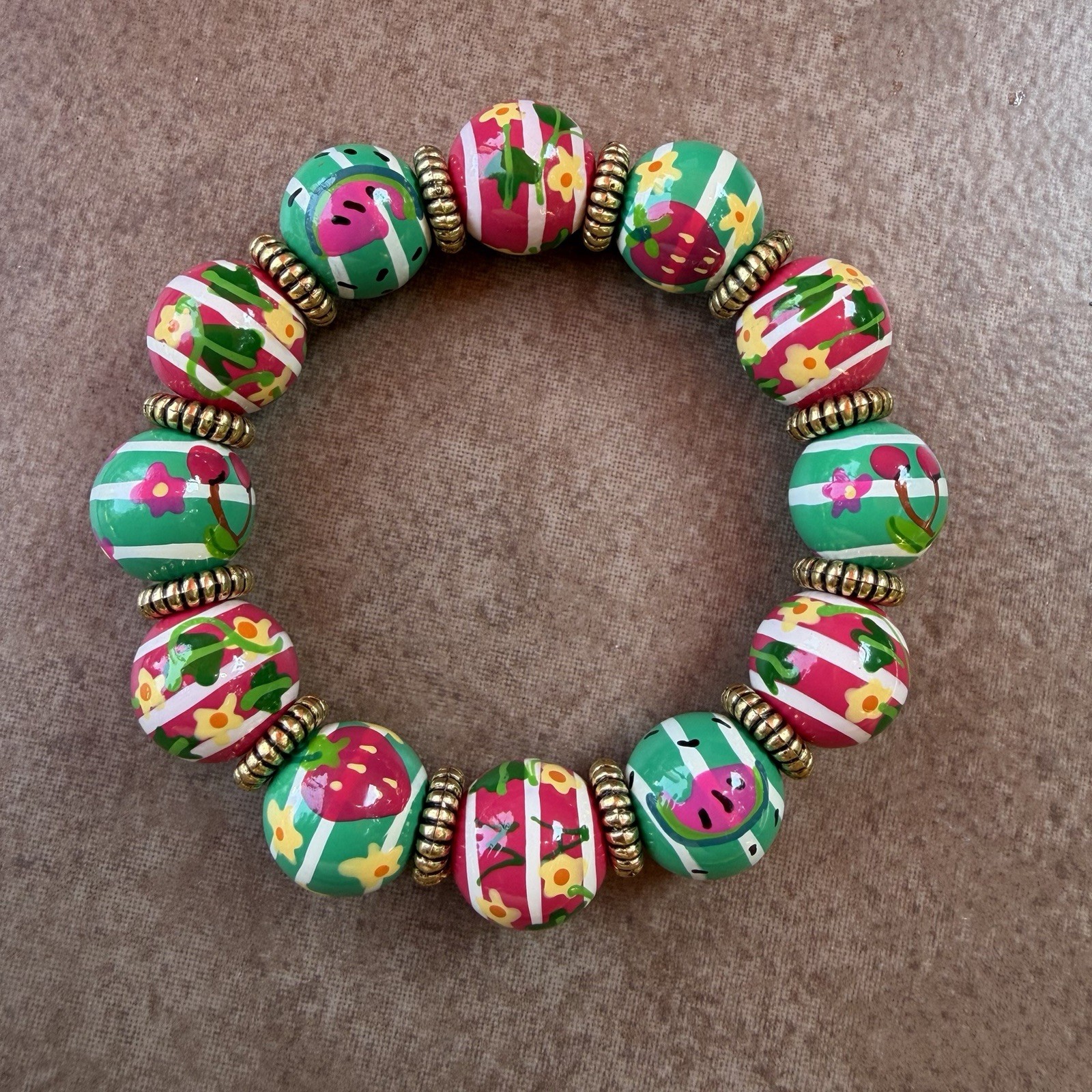 Angela Moore Hand Painted Stretch Beaded Bracelet Fruits Of Summer Gold tone EUC