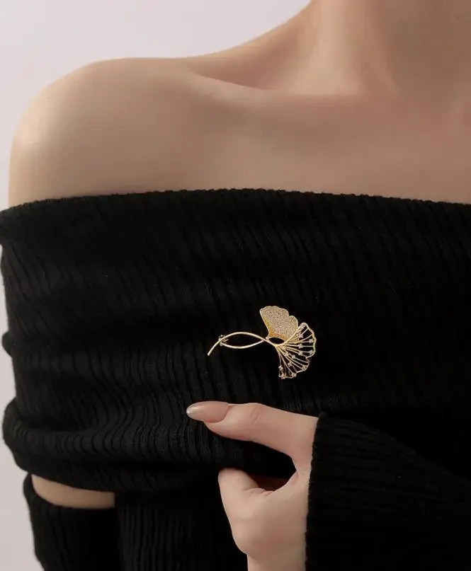 Retro Ginkgo Leaf Brooch Pin Rhinestone Floral Plant Corsage for Women Elegant