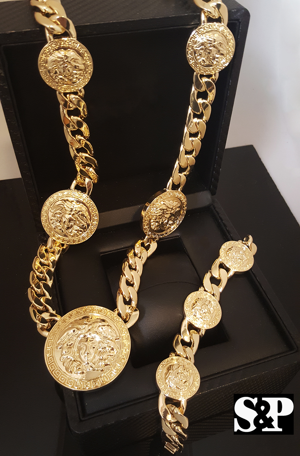 Men Iced Watch & Medusa Head Medallion Cuban Necklace & Bracelet Combo Set