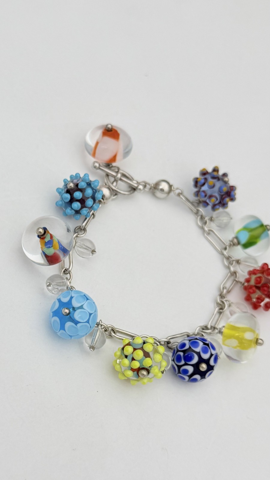Sterling Silver Lampwork Glass Charm Bracelet 7.5” 35.4g Murano Style