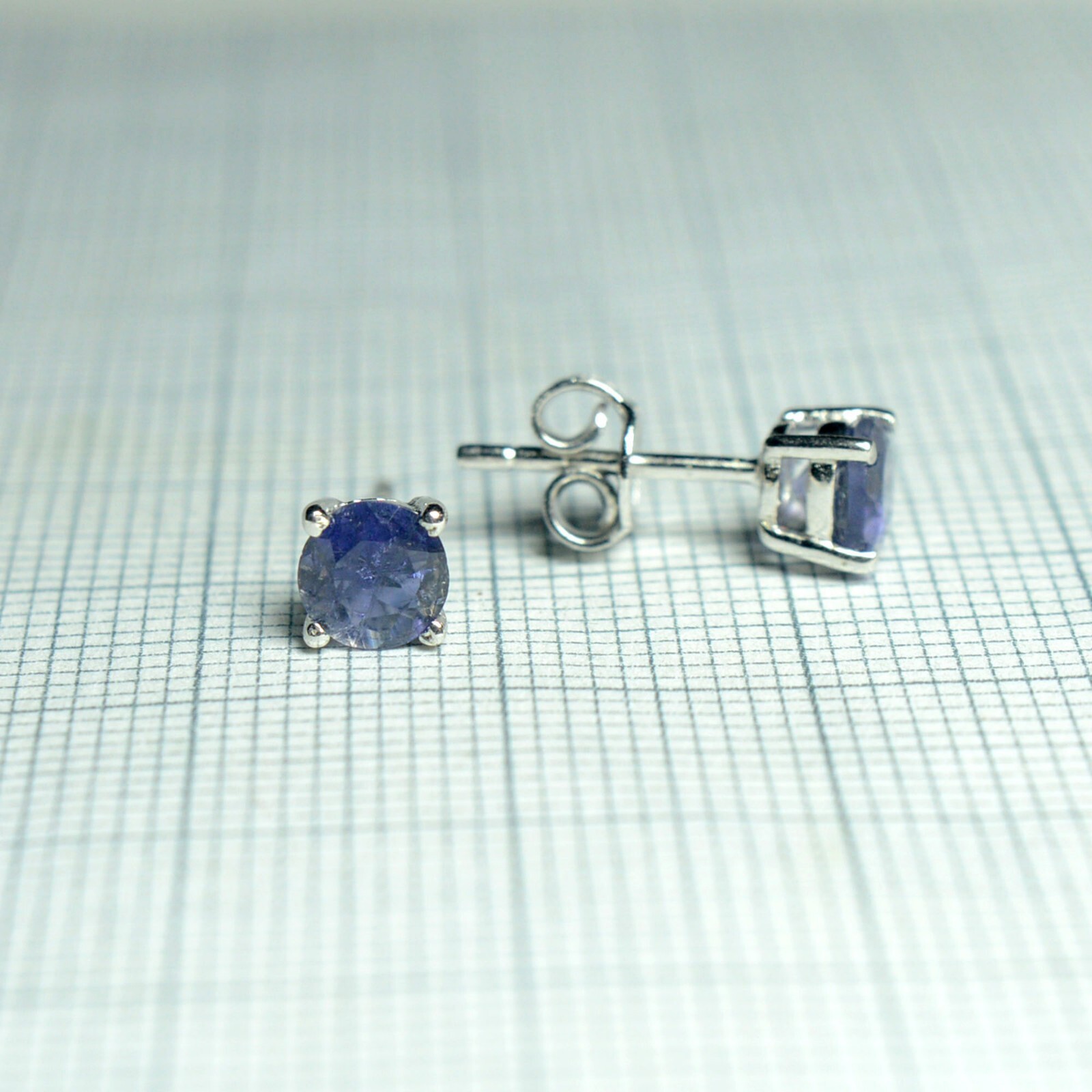 Genuine Iolite Round Gemstone 925 Sterling Silver Women Handmade Stud Earrings