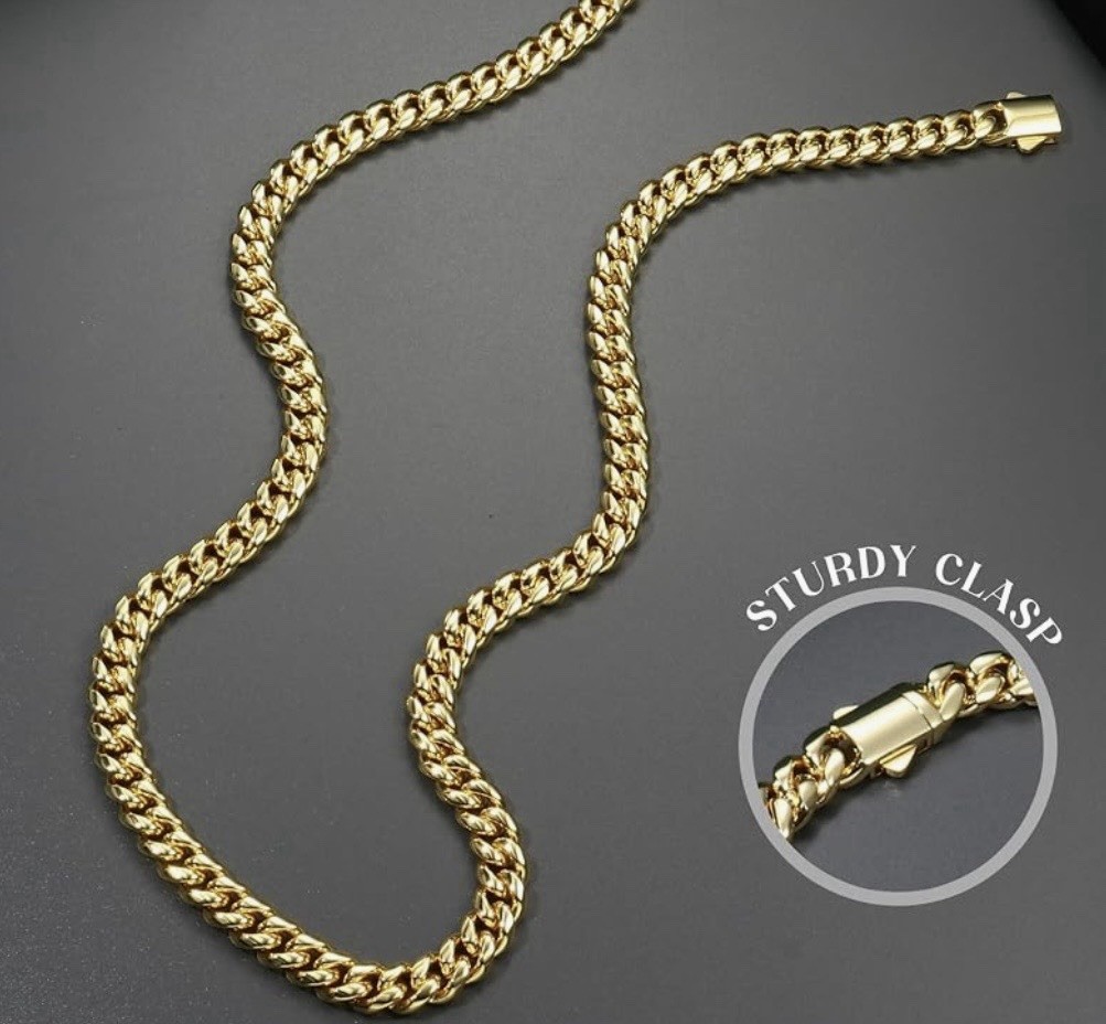 24K Gold Cuban Link Chain Necklace with Secure Box Clasp Closure 22” Length