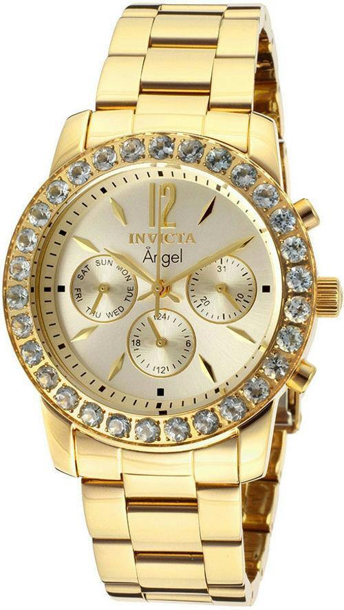 Invicta 14157 Swiss Angel Day Date LE Aquamarine Bezel Gold Tone Womens Watch