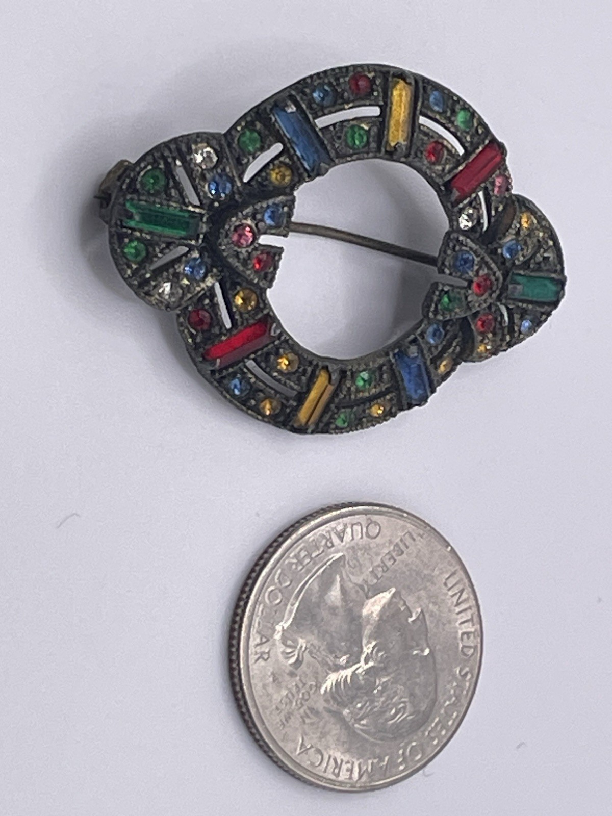 Vintage Art Deco Czech Brooch Pot Metal Rhinestone Multicolor READ