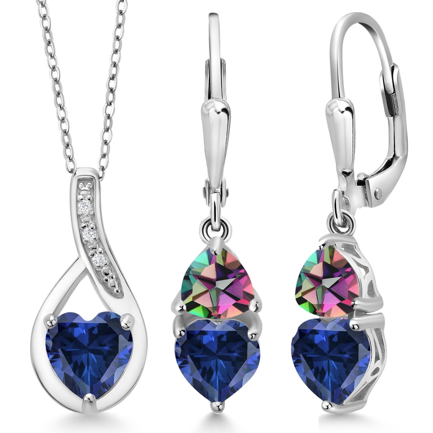 925 Sterling Silver Created Sapphire and Green Mystic Topaz Pendant Earrings