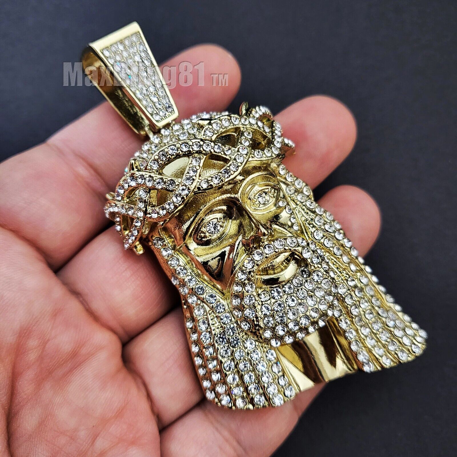 Iced Gold plated Cubic Zirconia Large Jesus Charm & Bling Marina Chain Necklace