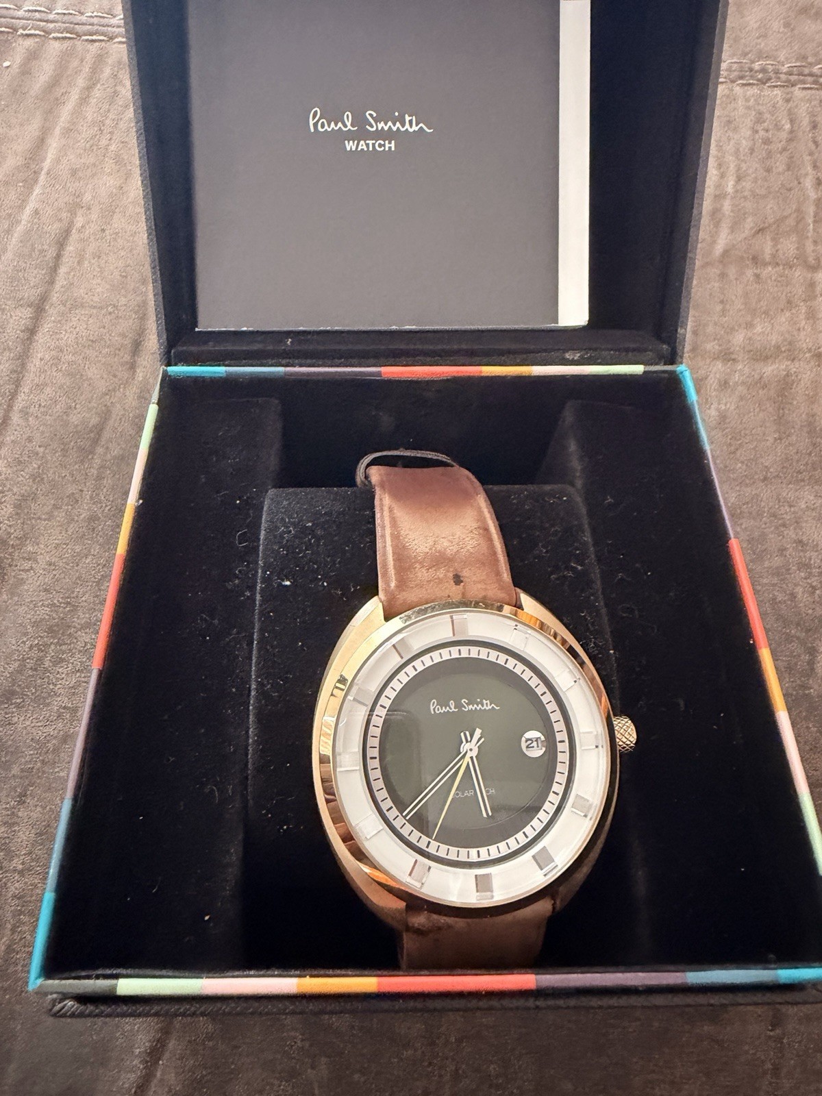 Paul Smith Solar-Tech Men’s Quartz Date Black Dial Rose Gold Leather Strap Box