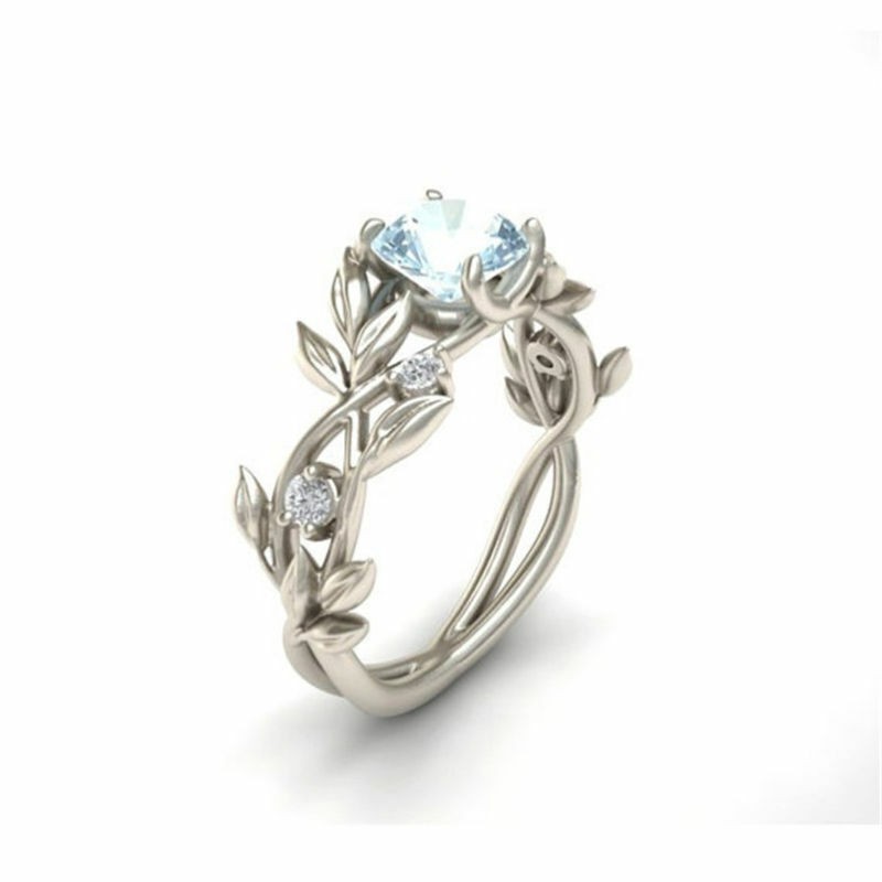 Men Women Elegant Leaves Ring 2.1Ct Aquamarine Wedding Size 6-10