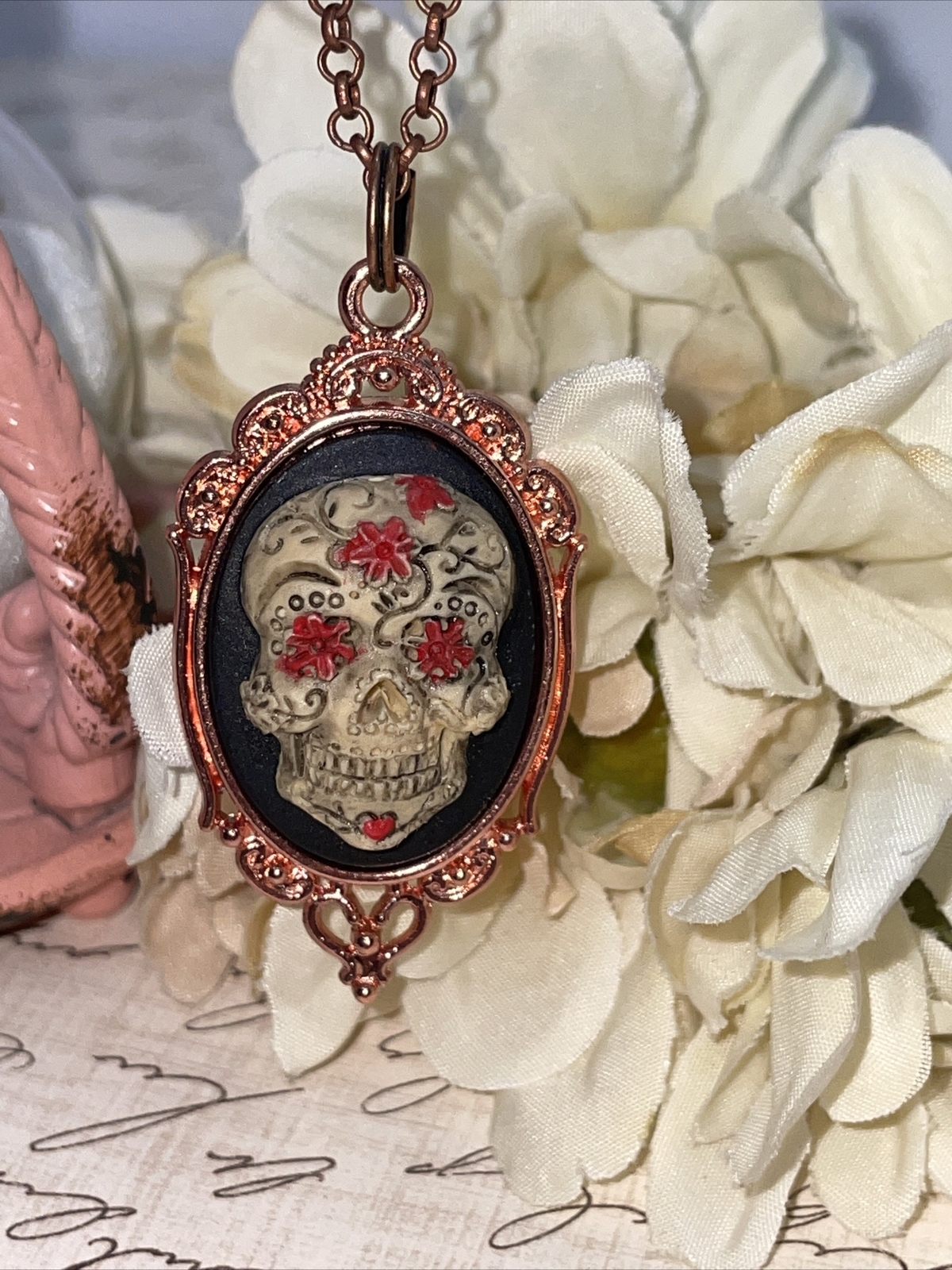 Sugar Skull Gothic Heart Wedding Rose Gold Party Birthday gift necklace Cameo