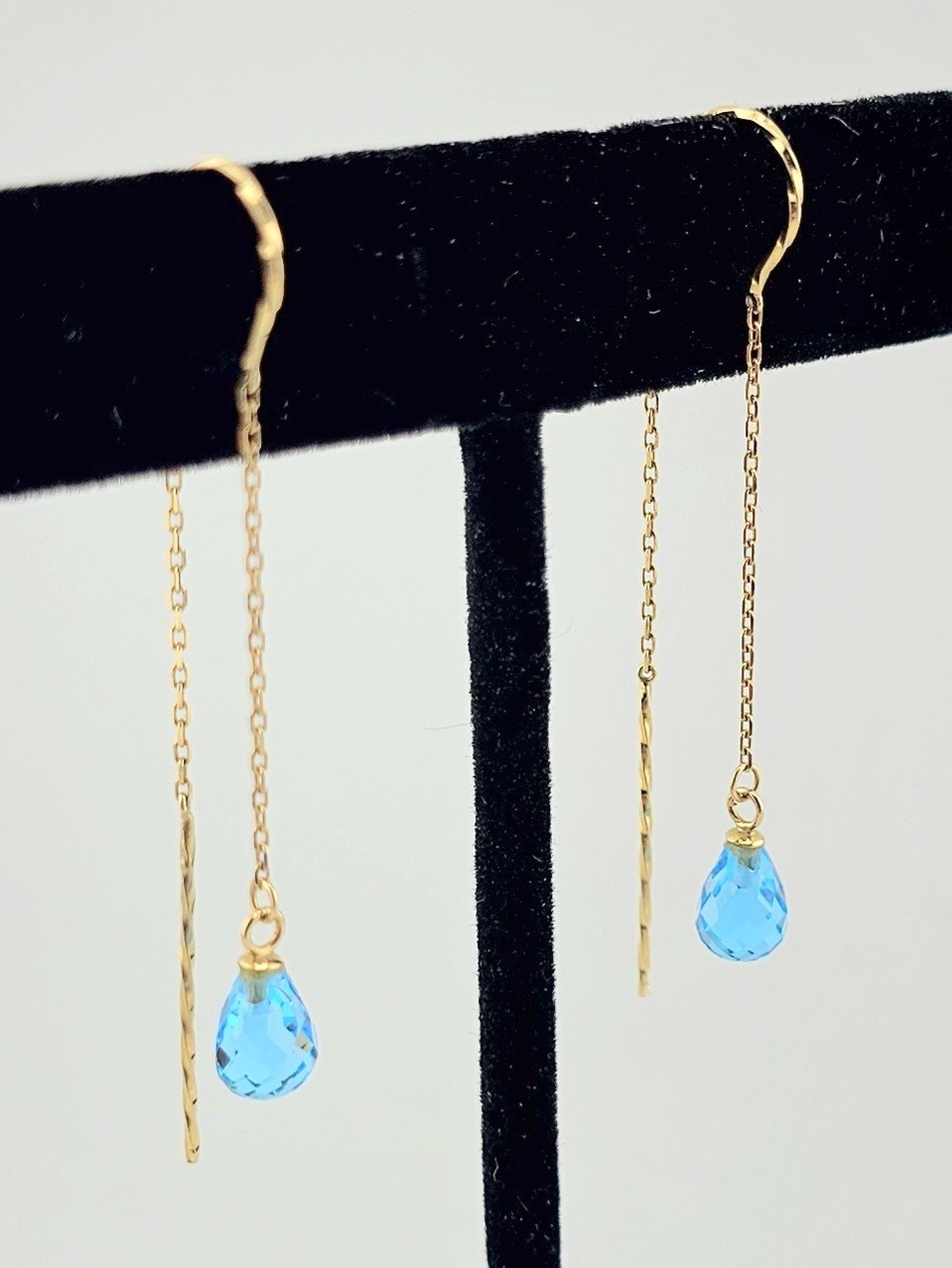 14K Solid Gold Blue Topaz Briolette Threader Earrings Acid Tested Presidium 0123
