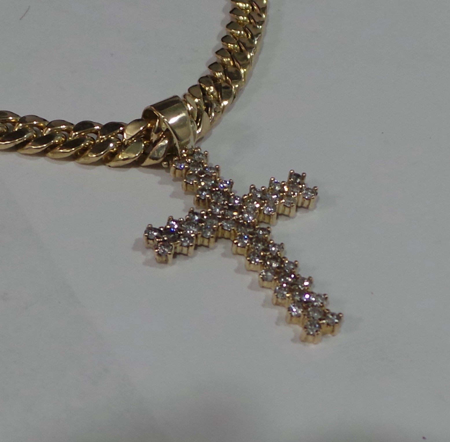 14k Yellow Gold 24″ Cuban Curb Link Necklace 45.4g 7.8mm & Diamond Cross Pendant