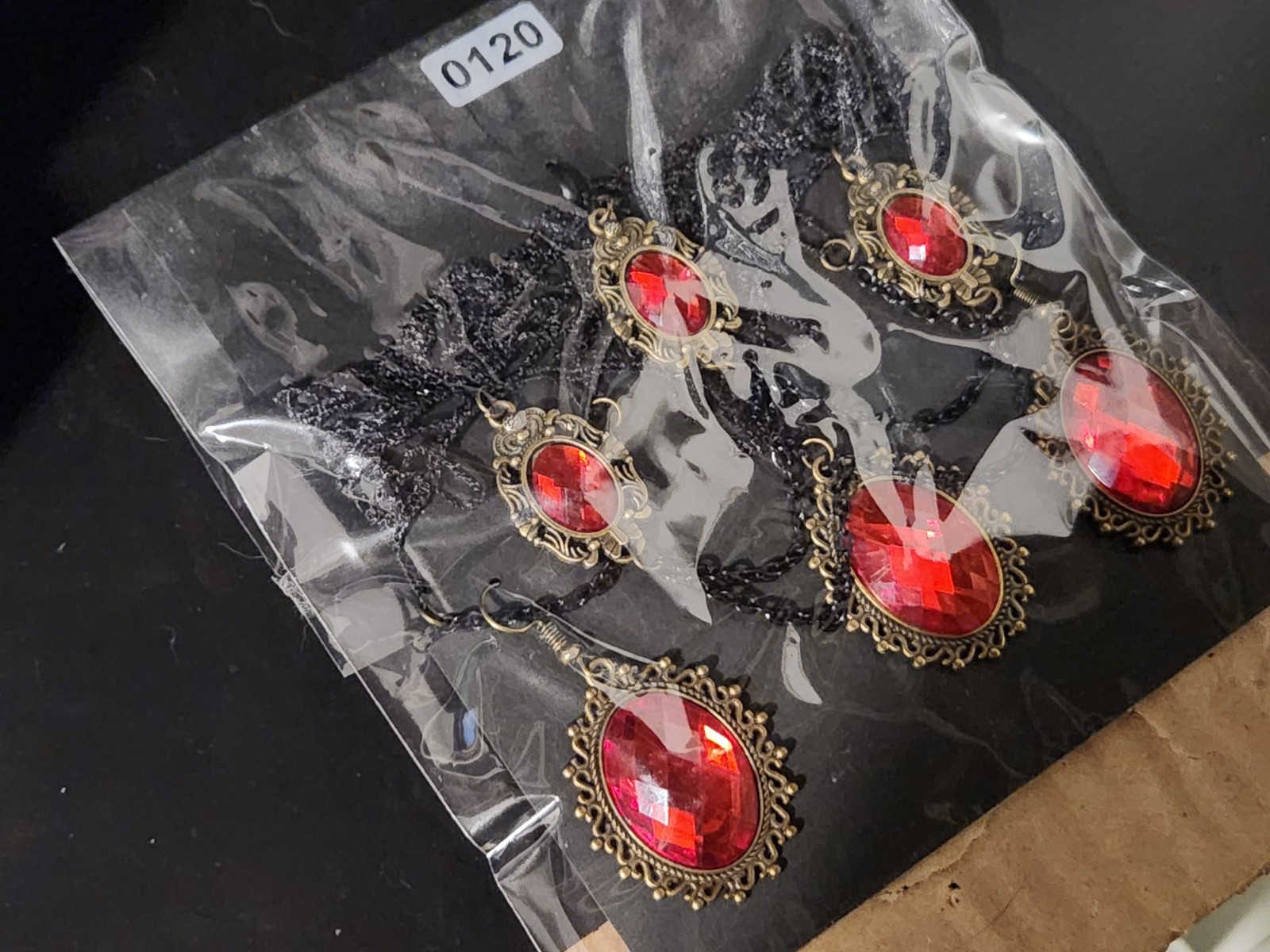 #0120 – Red Gothic Lace Choker Necklace & Earrings Set Victorian Antique Gold…