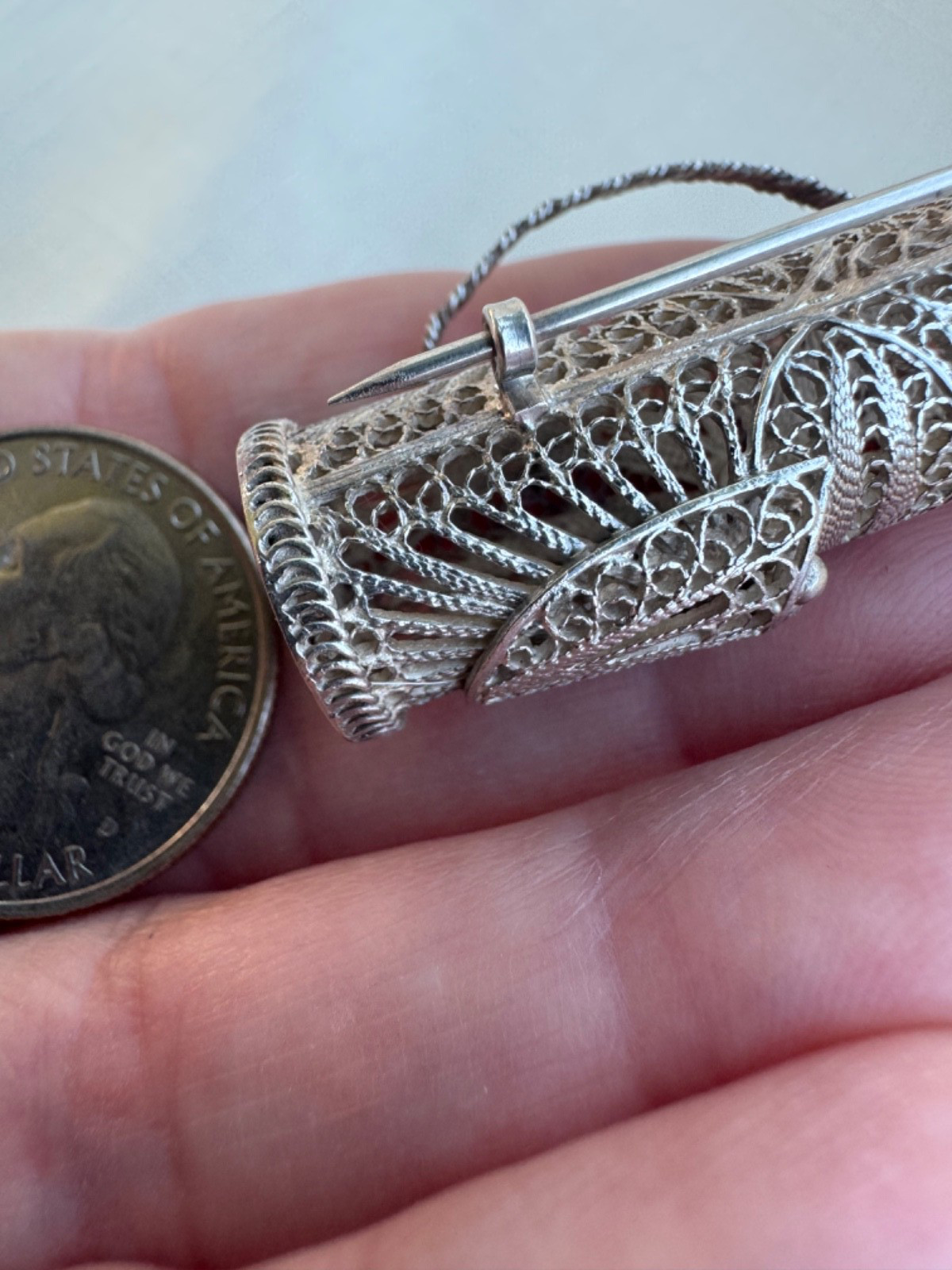 Estate Sterling Silver 950 Filigree Golf Bag w/ Clubs Brooch Pin Golfing 10.7g