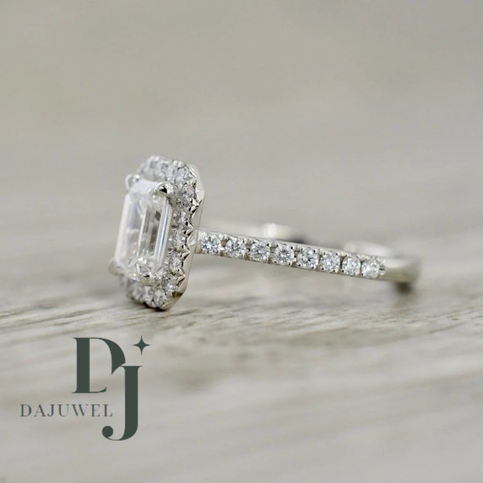 Moissanite Halo Engagement Ring 2.50 CT Emerald Cut VVS1 Solid 14K White Gold
