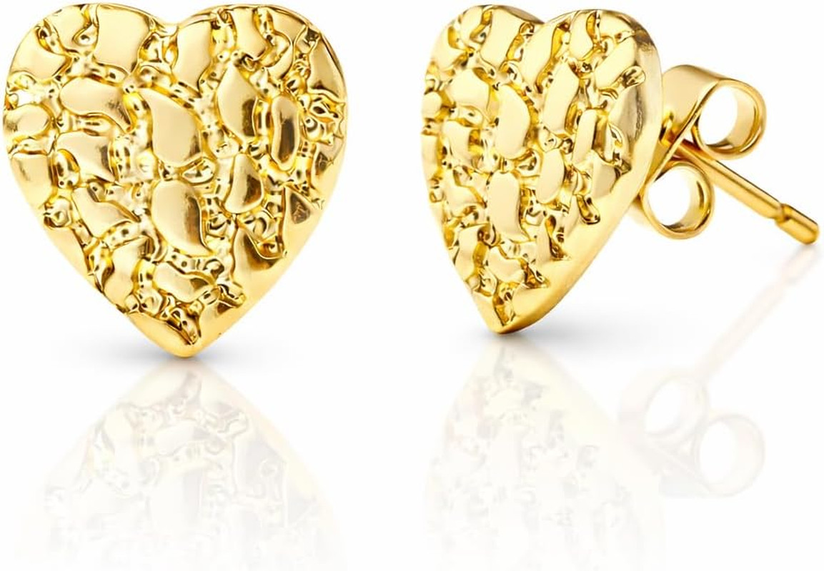 18K Gold Plated Rough Textured Heart Shape Nugget Stud Gold Earrings for Men/Wom
