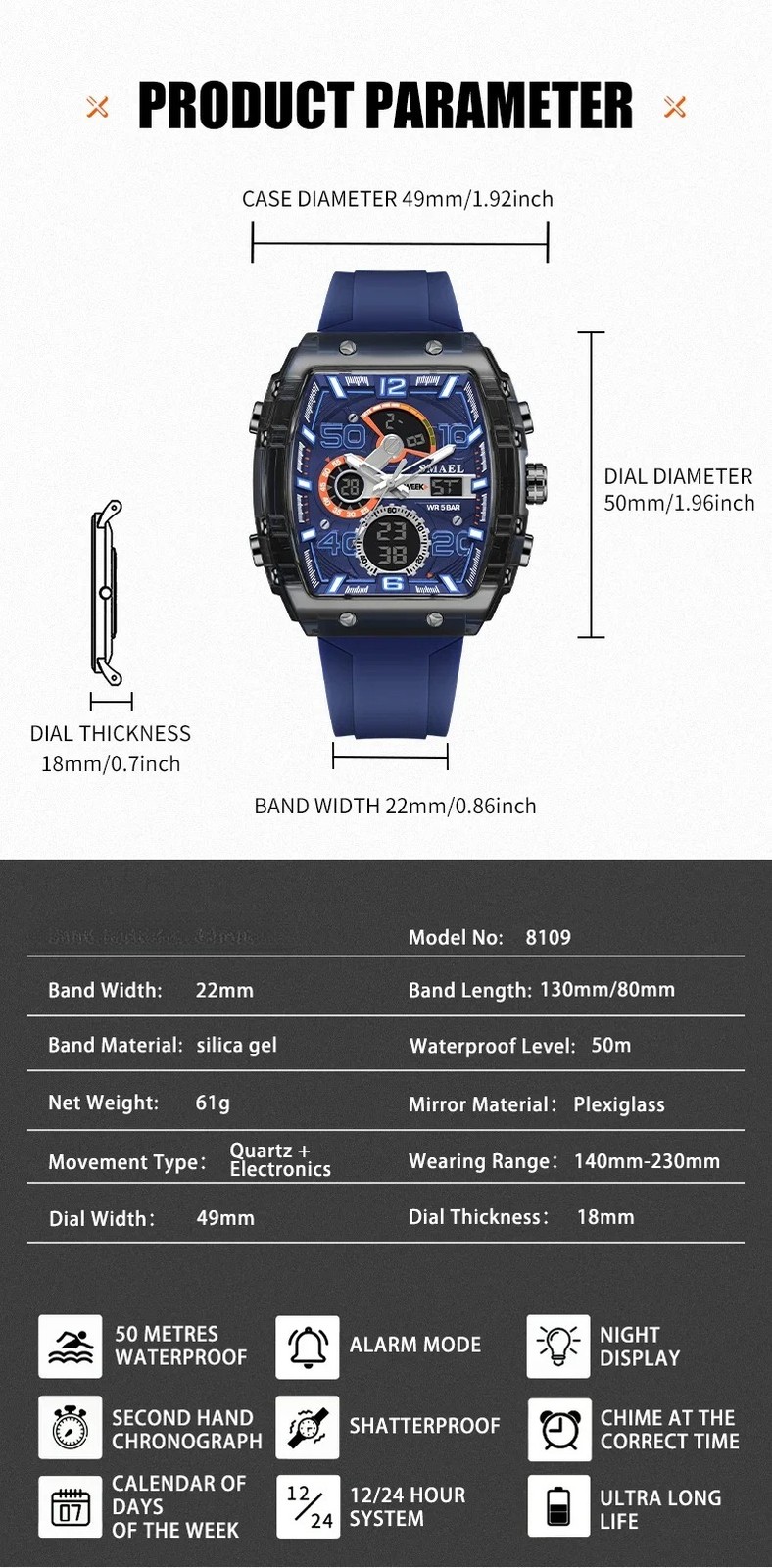 8109 Men’s Multifunctional Digital Sports Watch 50M Waterproof Dual Display LED